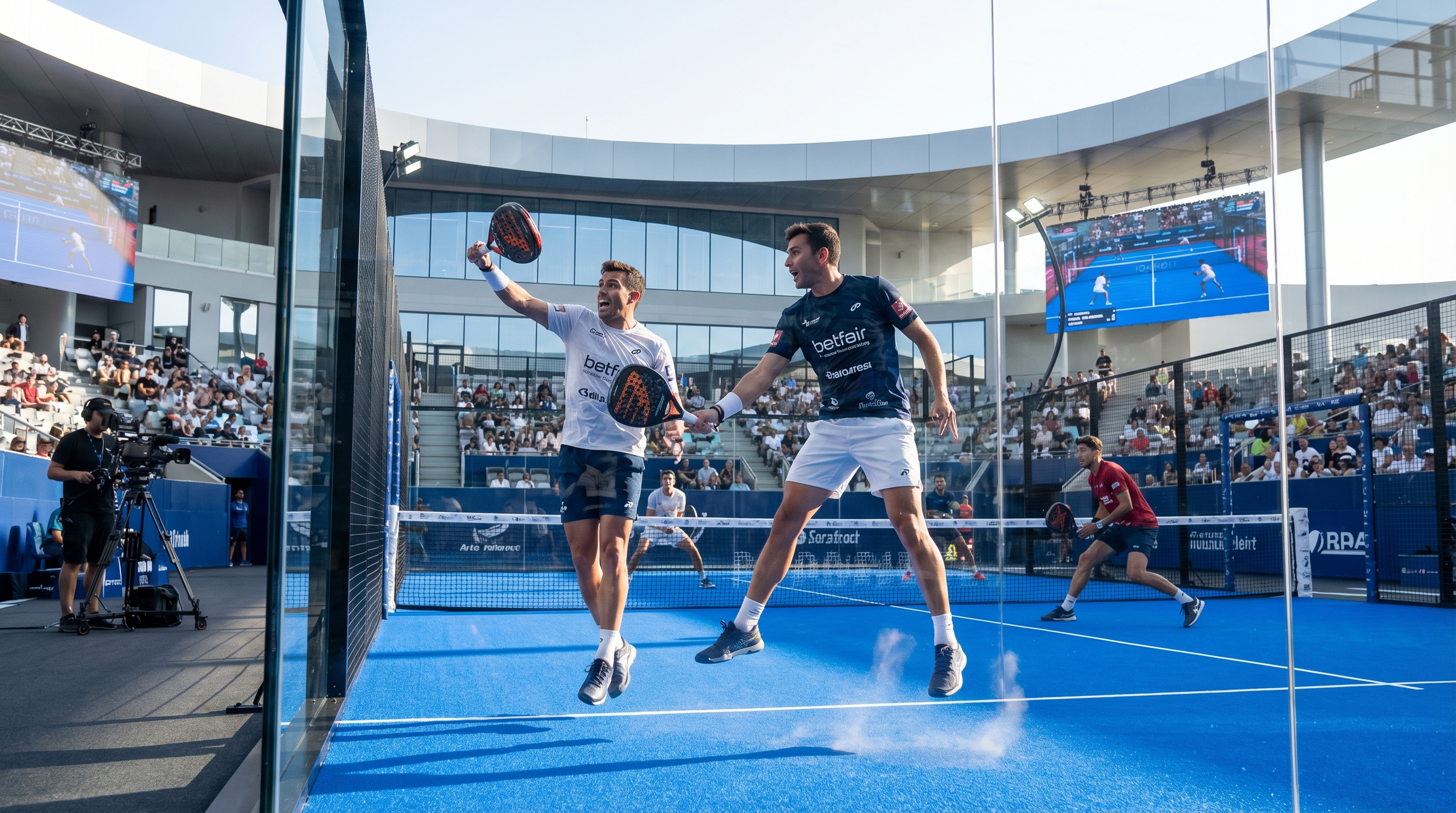 Professional players in a high-speed net exchange on a blue padel court