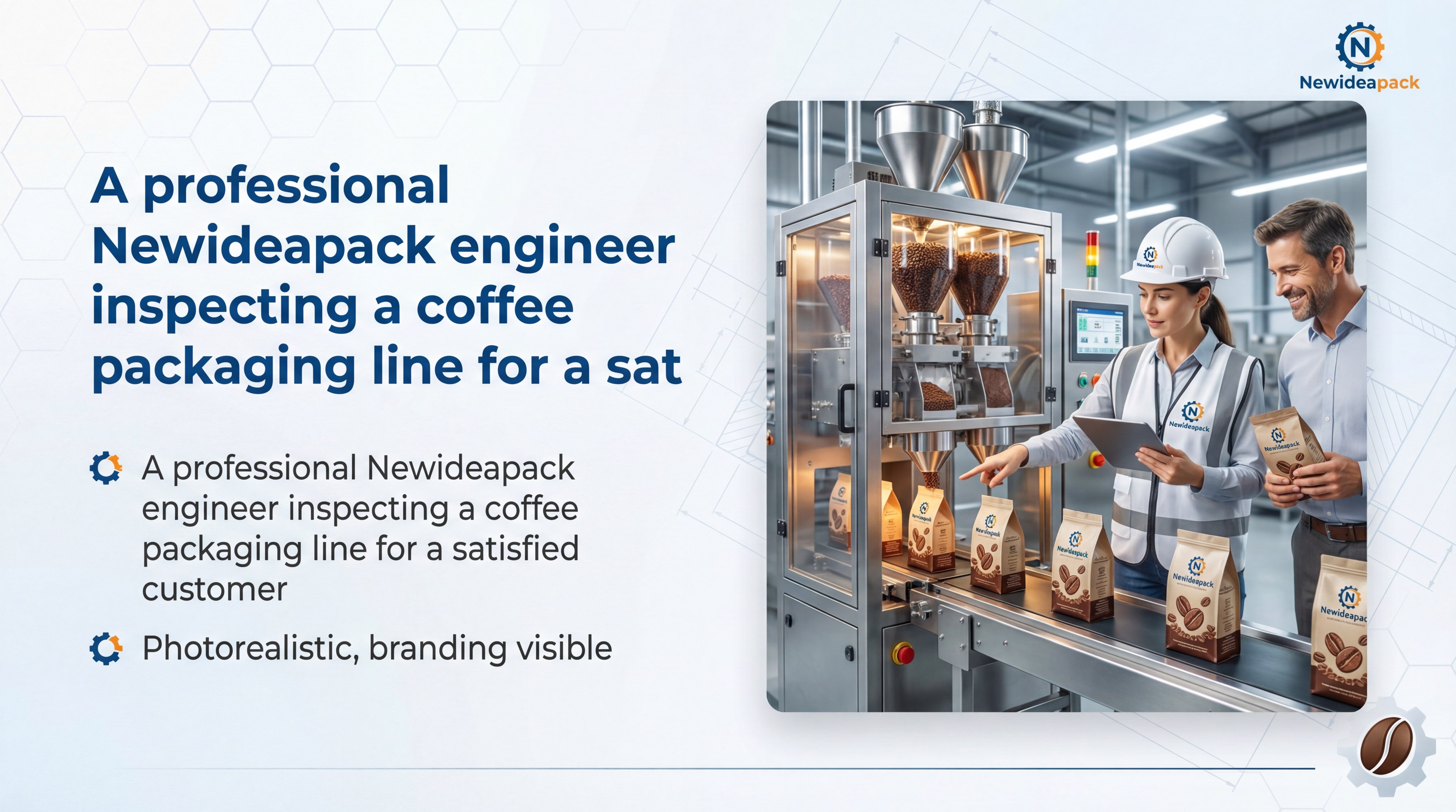 A professional Newideapack engineer inspecting a coffee packaging line for a satisfied customer