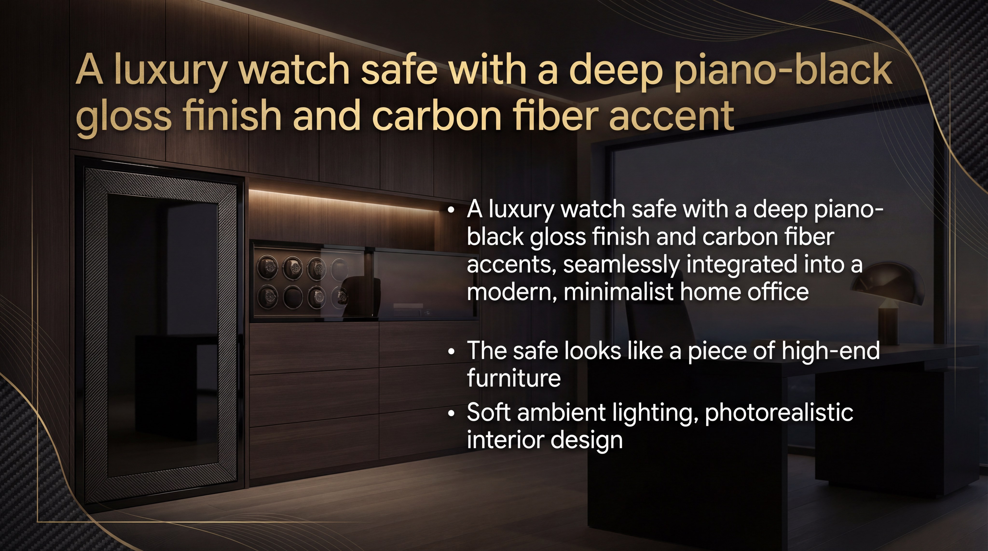 A luxury watch safe with a deep piano-black gloss finish and carbon fiber accents
