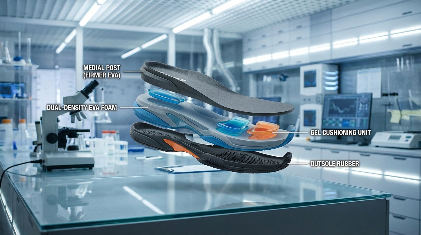 A high-tech, exploded view of a padel shoe midsole showing different layers of colored foam and gel inserts.