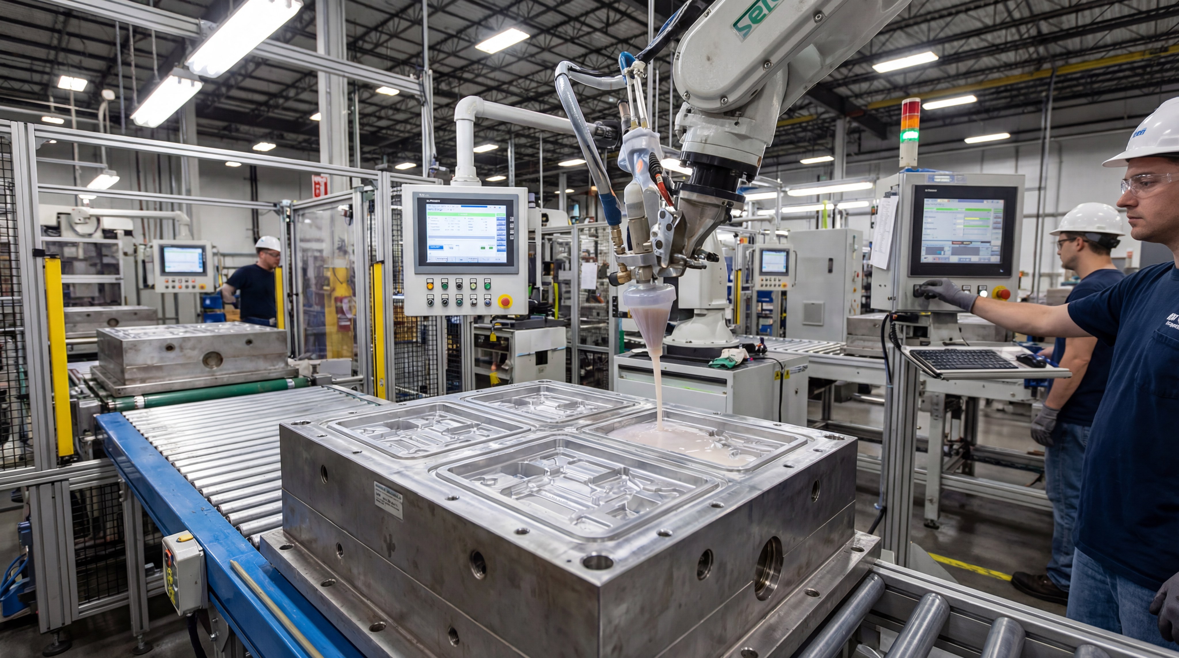 Automated liquid silicone pouring into mold box