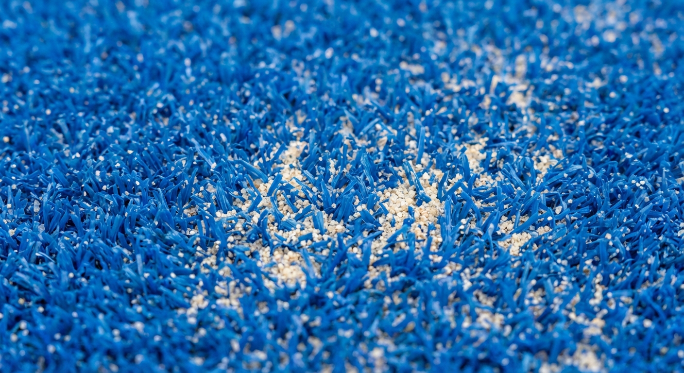 Macro shot of blue synthetic padel turf and silica sand