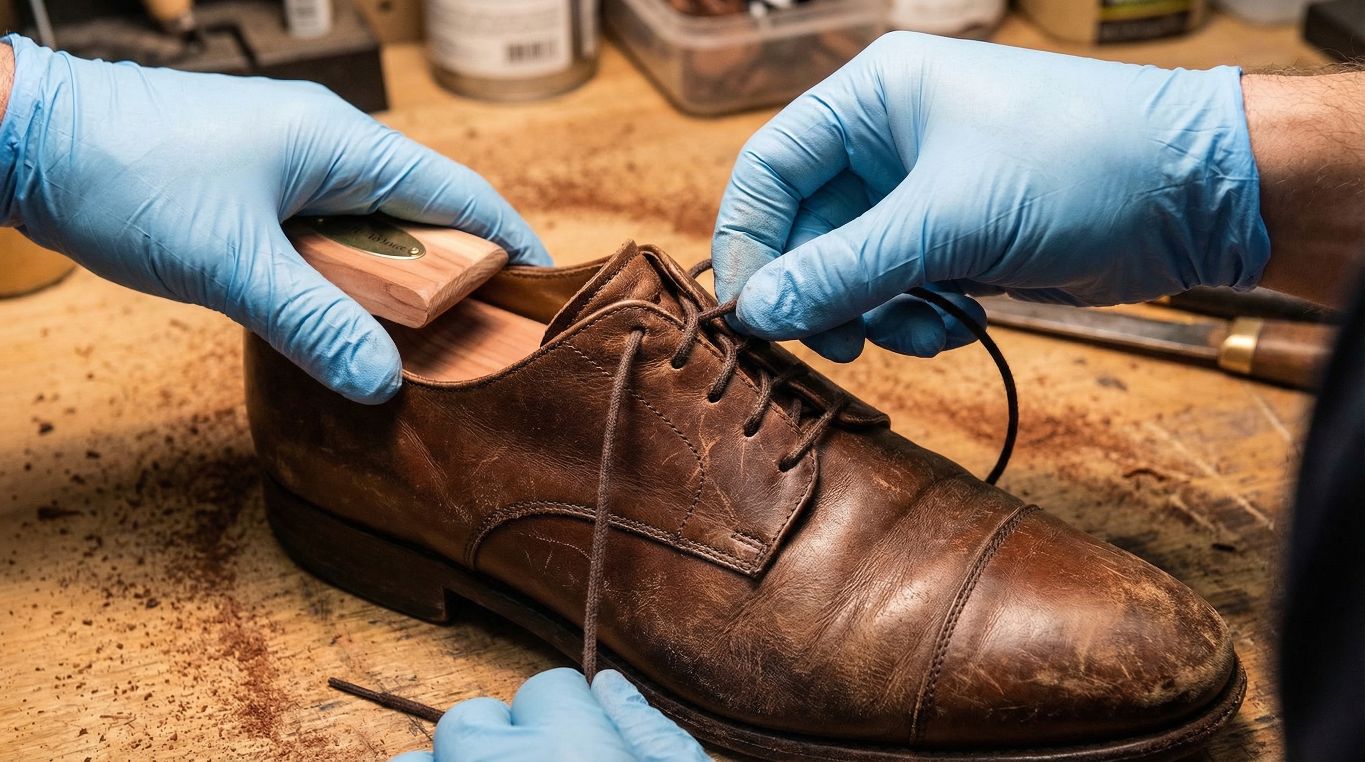 A pair of worn leather shoes on a workbench with laces being removed and cedar shoe trees inserted.