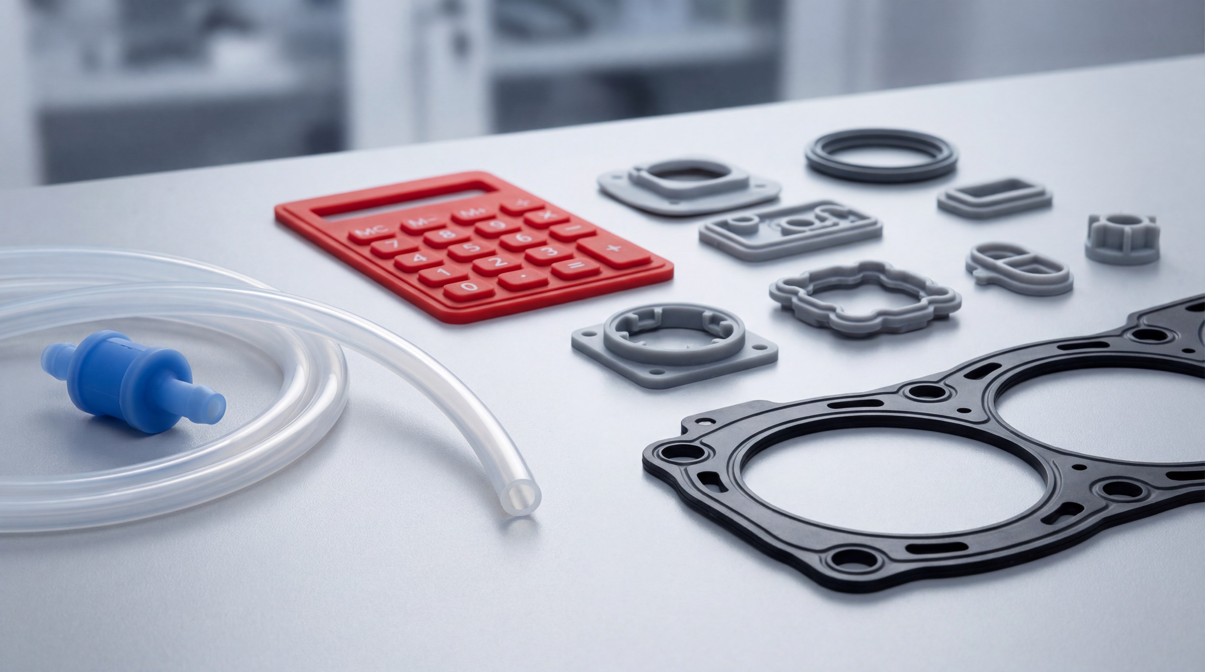 Showcase of various custom silicone products including keypads, tubes, and gaskets