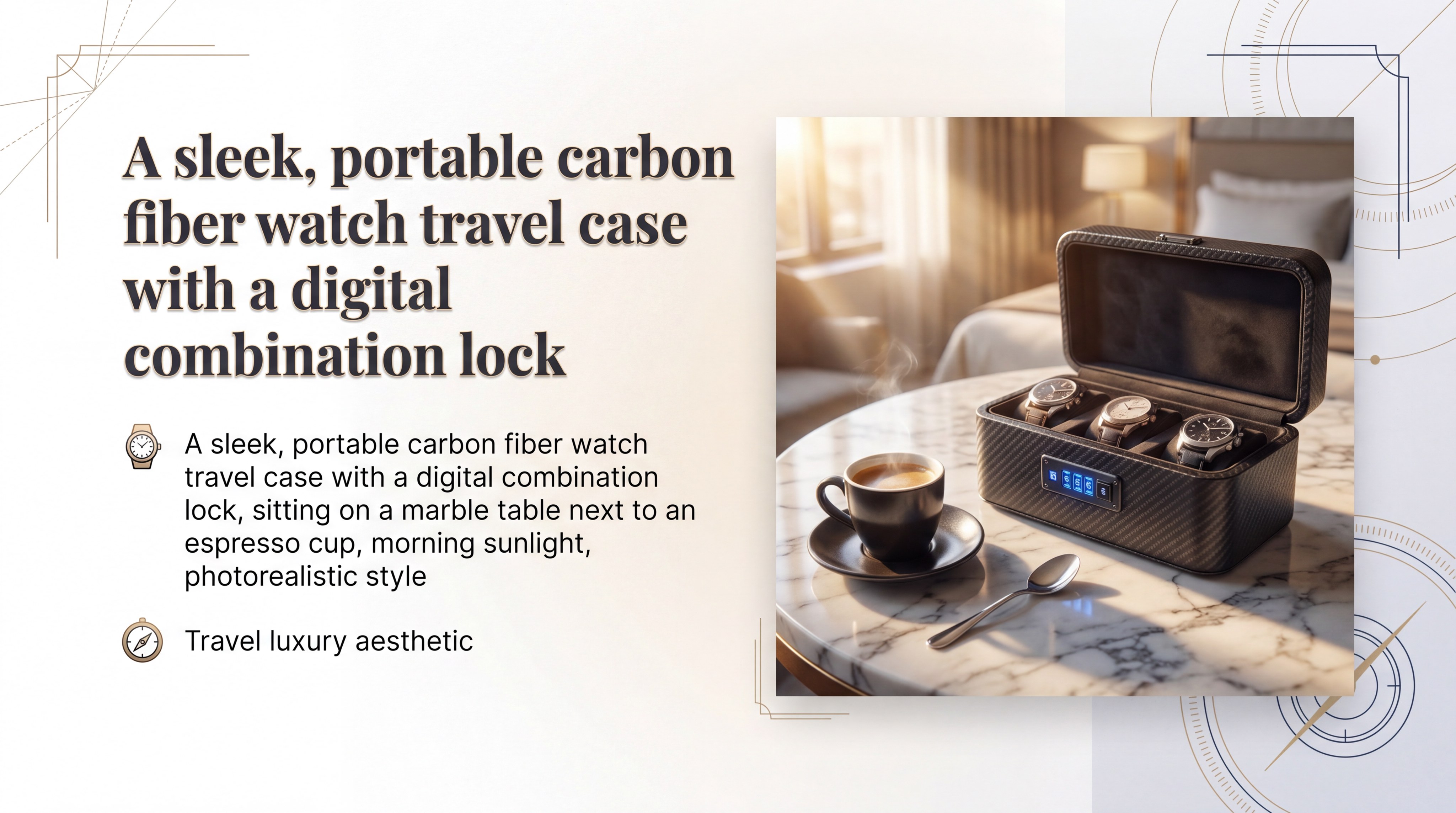 A sleek, portable carbon fiber watch travel case with a digital combination lock, sitting on a marble table next to an espresso cup, morning sunlight