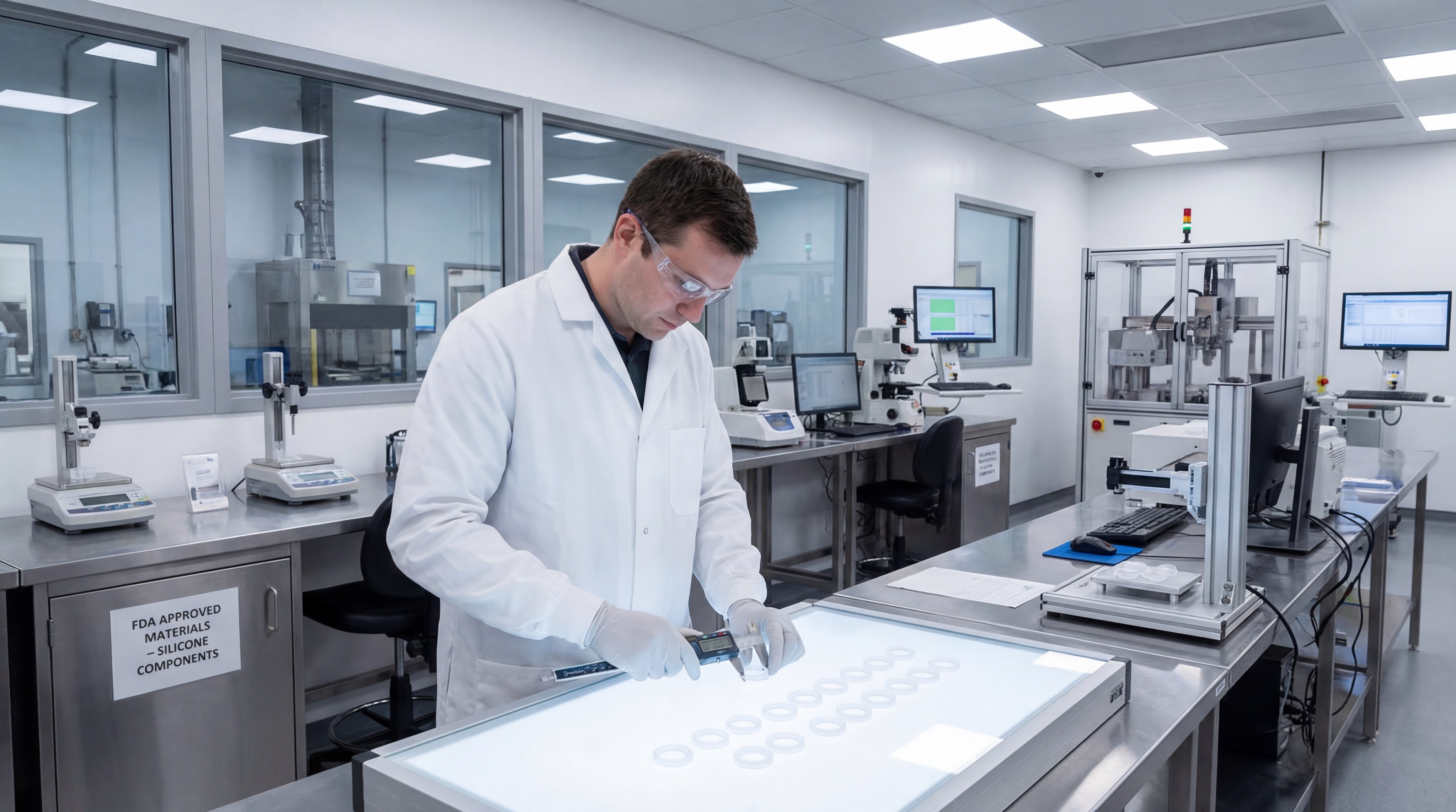 Laboratory technician measuring FDA approved silicone components