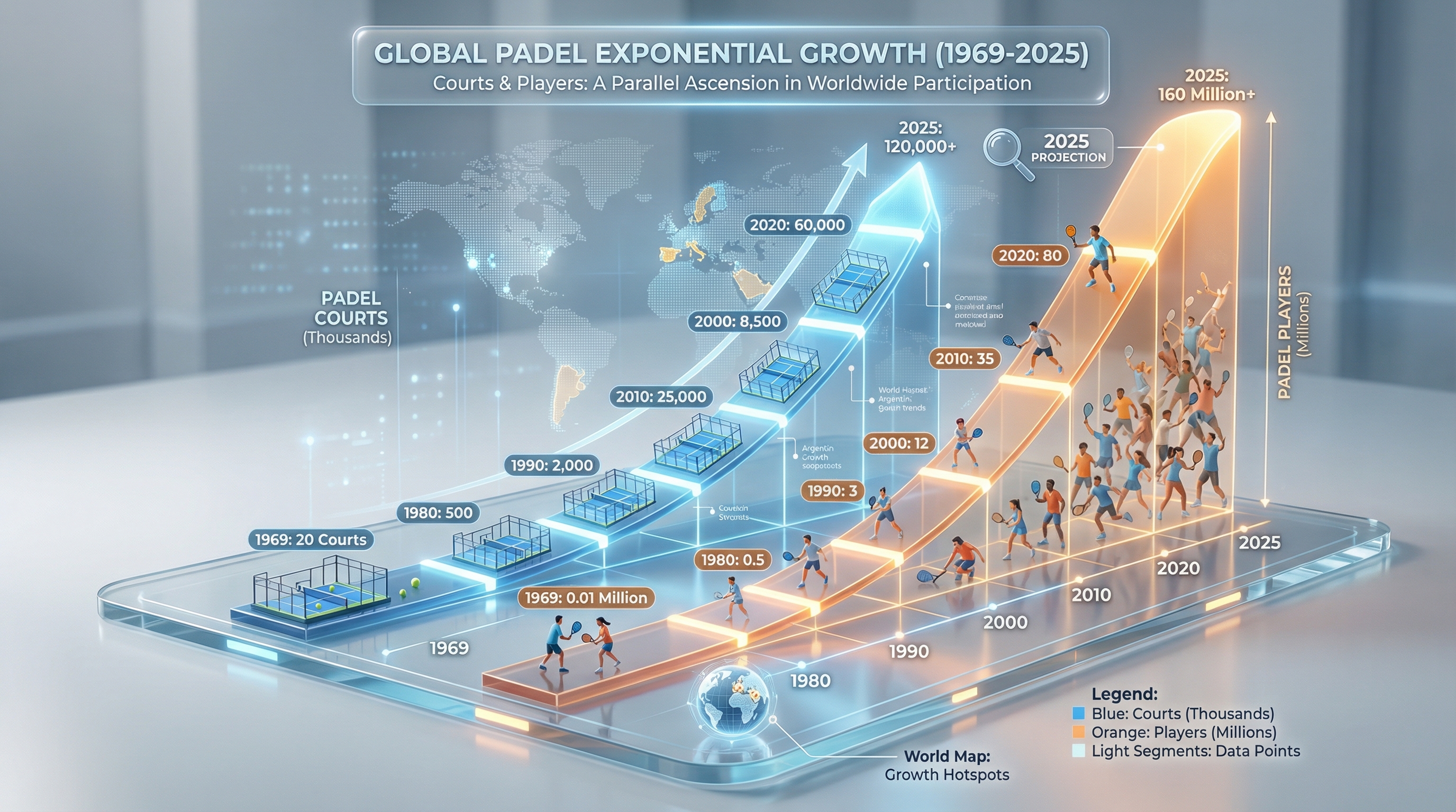 Infographic showing the exponential growth of padel from 1969 to 2025