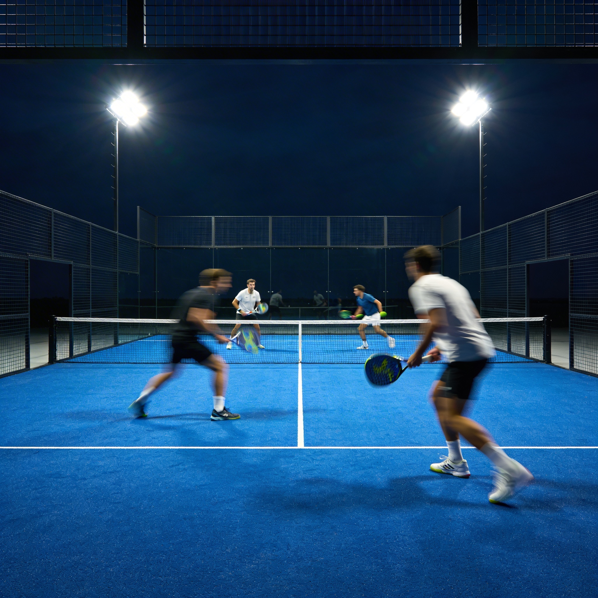A padel court at night illuminated by powerful professional LED floodlights