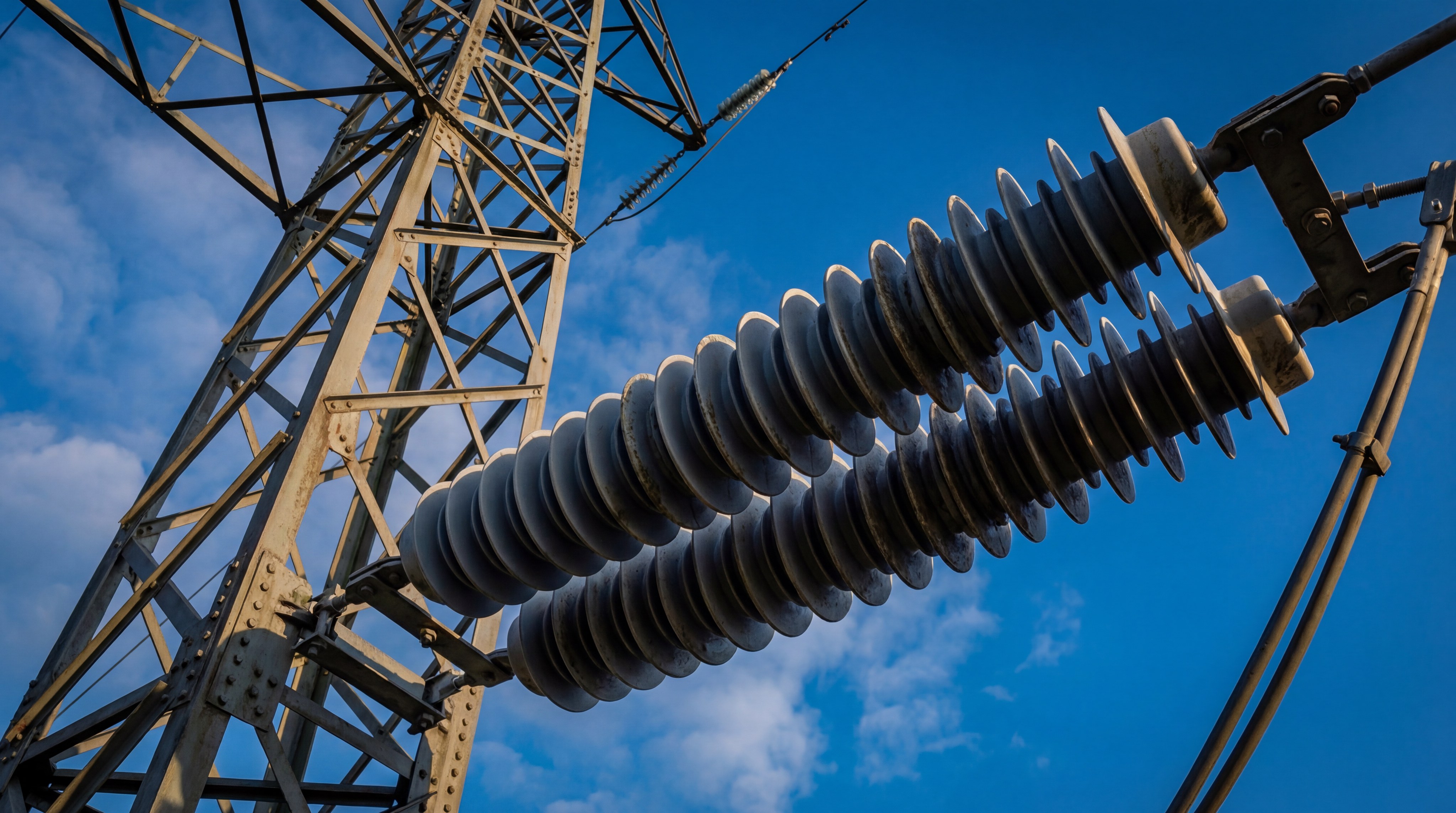 High-voltage silicone insulators being tested in an outdoor environment.