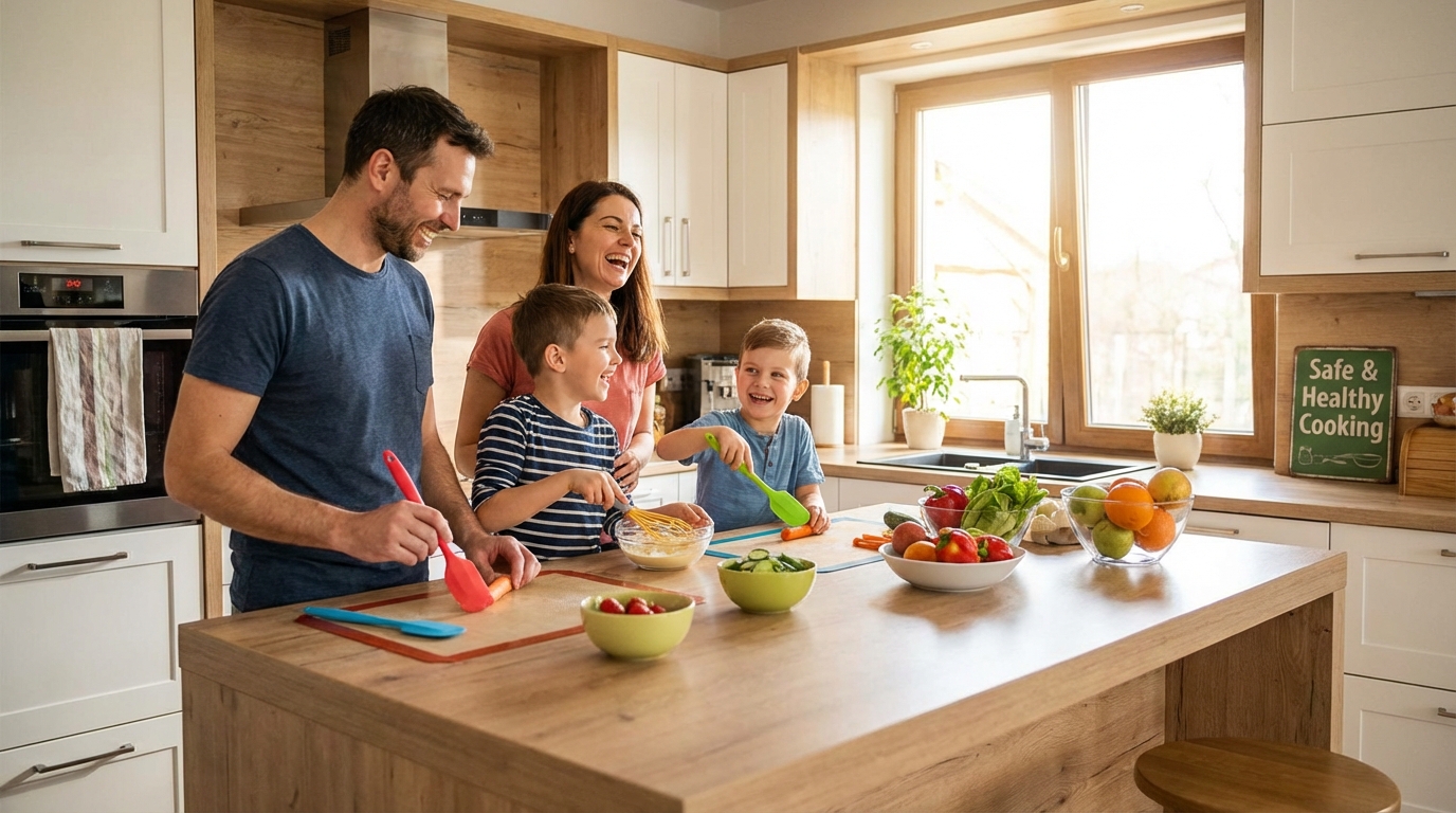 Happy Family Cooking Together in Modern Kitchen
