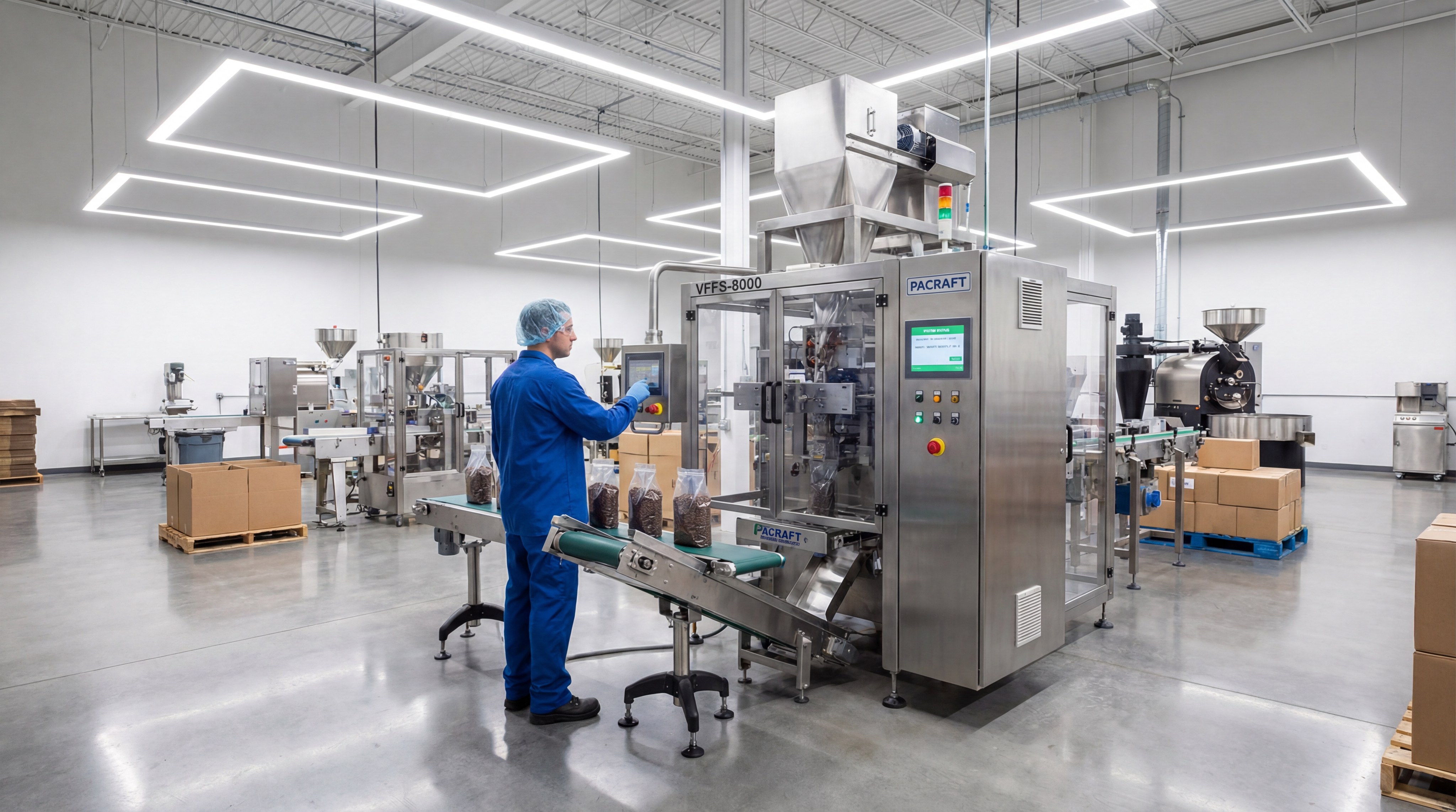 Global After-Sales: VFFS packaging machine being serviced in a high-capacity coffee factory