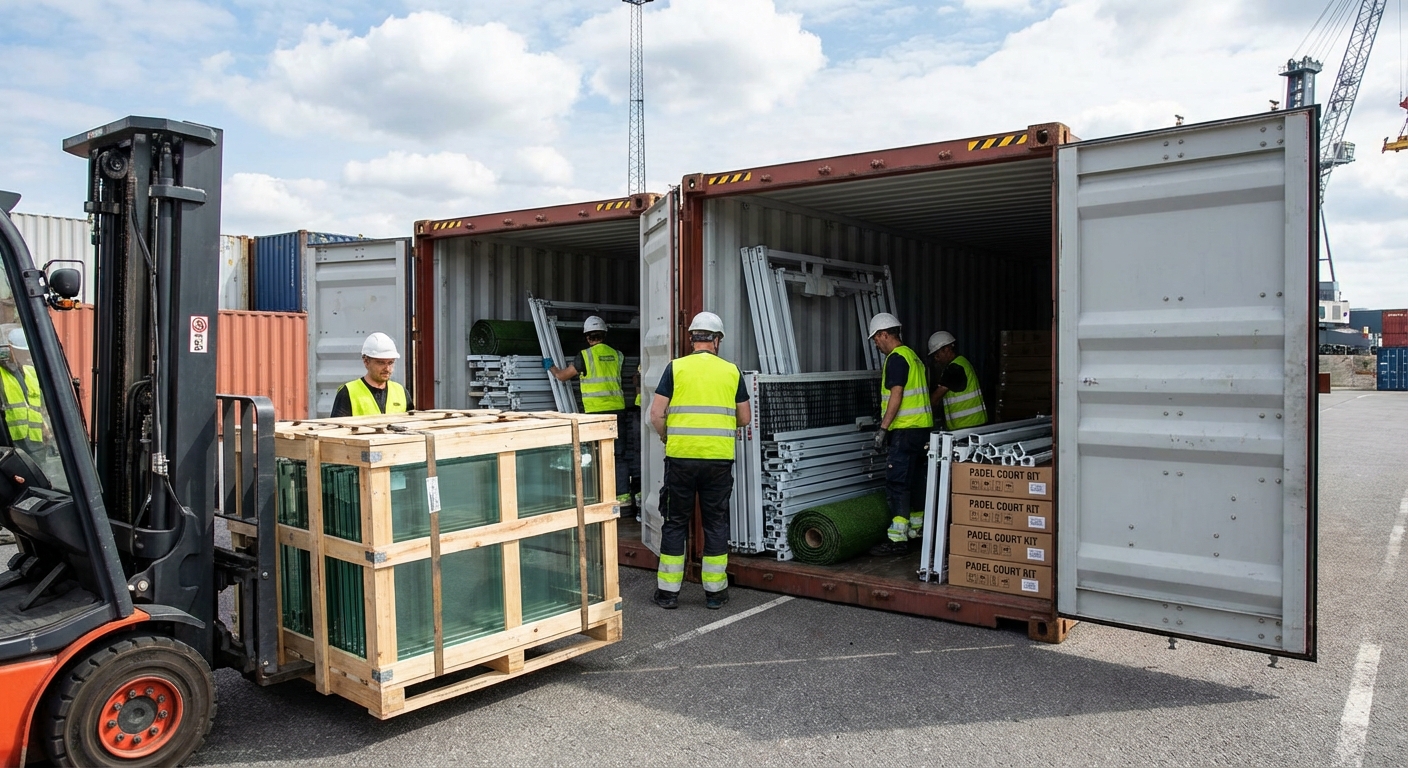 shipping container padel court loading