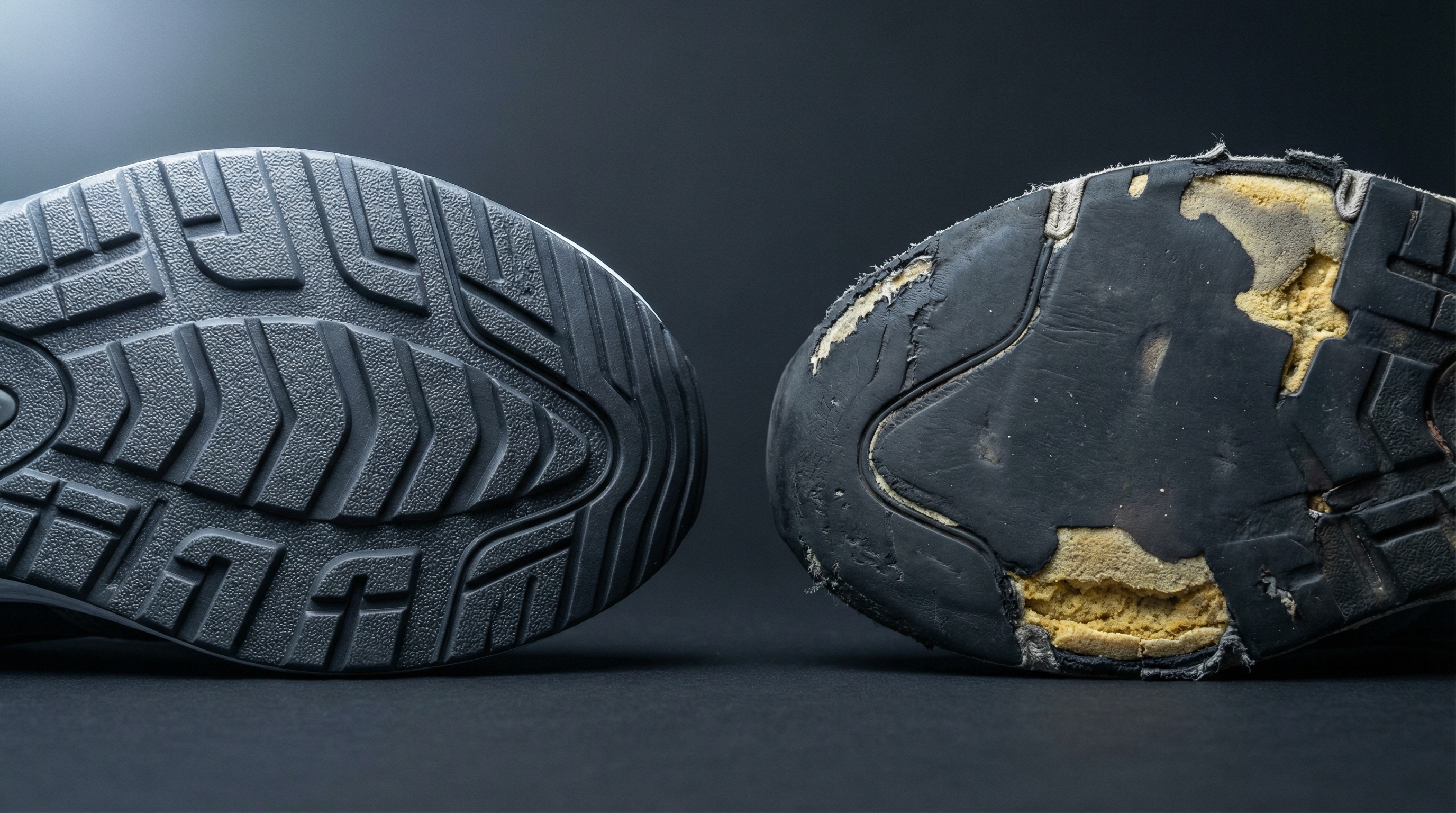 Macro comparison of a new shoe outsole tread versus a heavily worn outsole with exposed foam