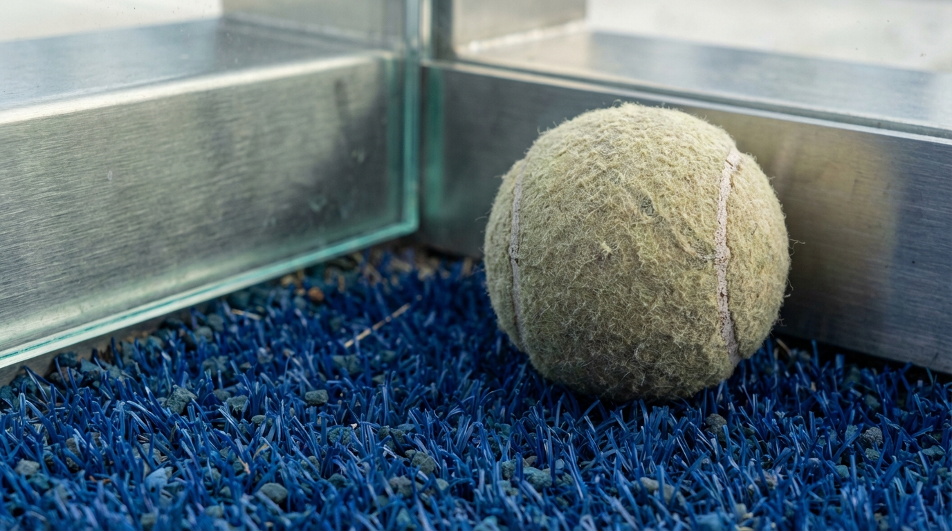 Macro close-up of a padel ball on blue synthetic turf against a tempered glass wall
