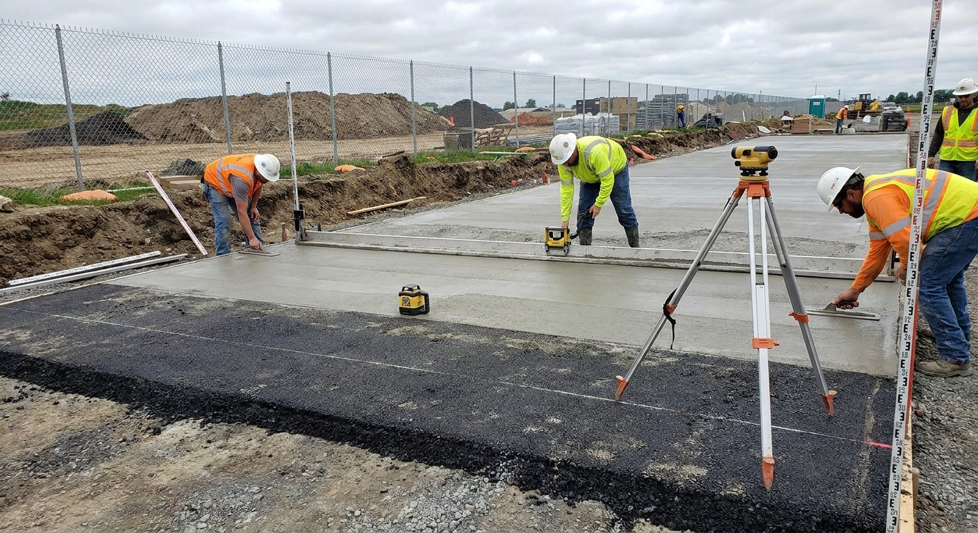 Construction crew leveling and smoothing a fresh concrete subfloor for a padel court