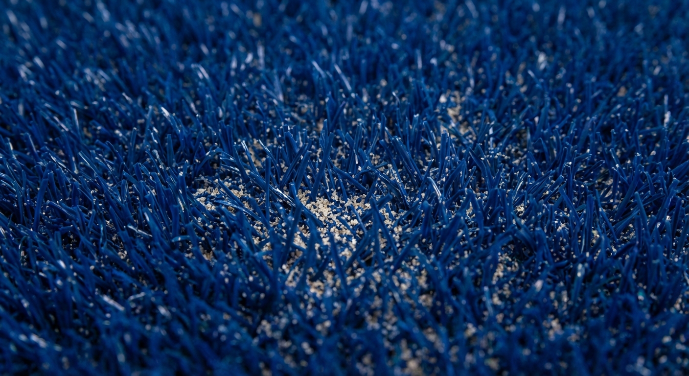A photorealistic macro shot of high-quality blue padel turf.