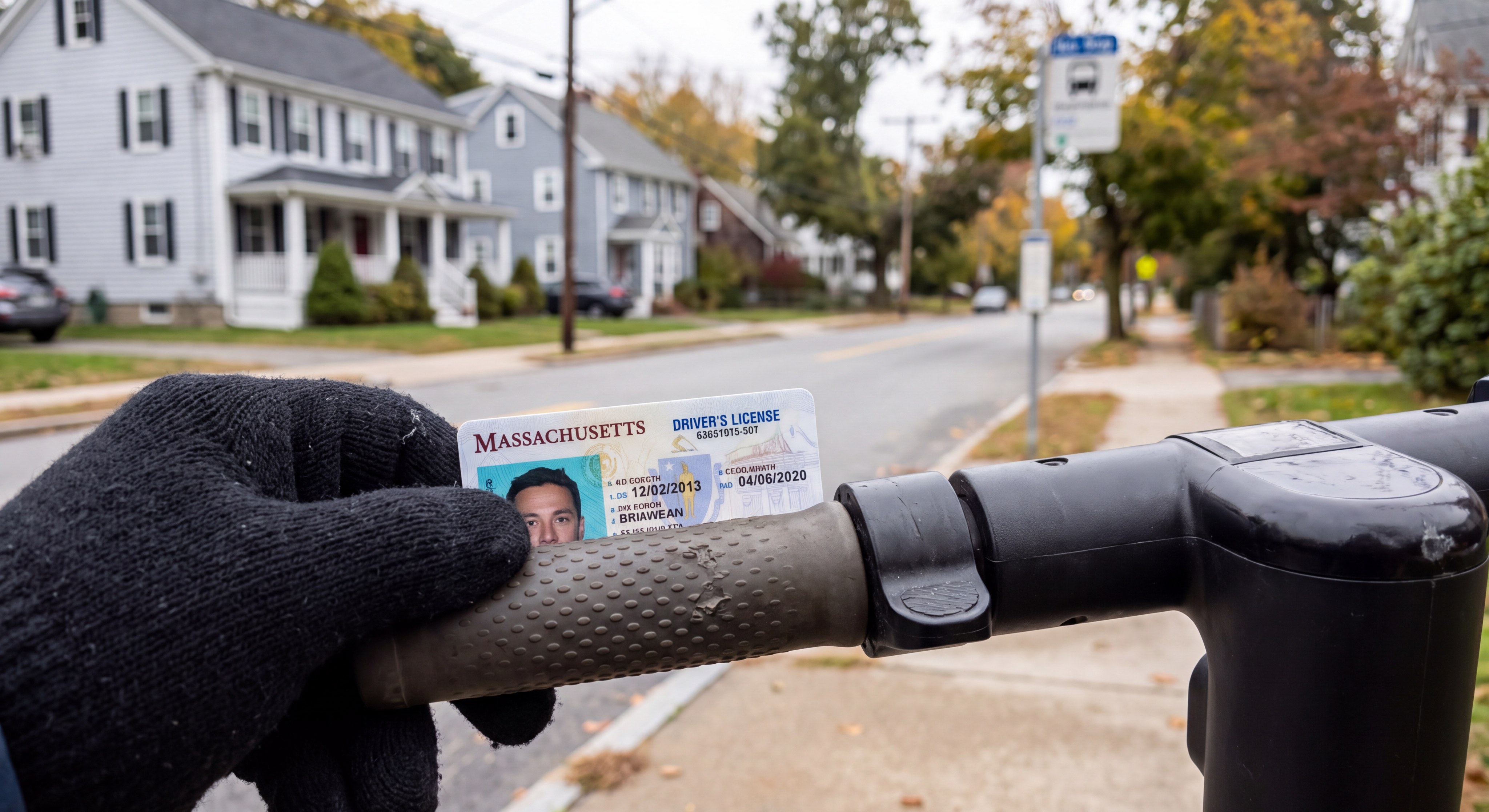 Commuter Holding Massachusetts Driver's License by Electric Scooter