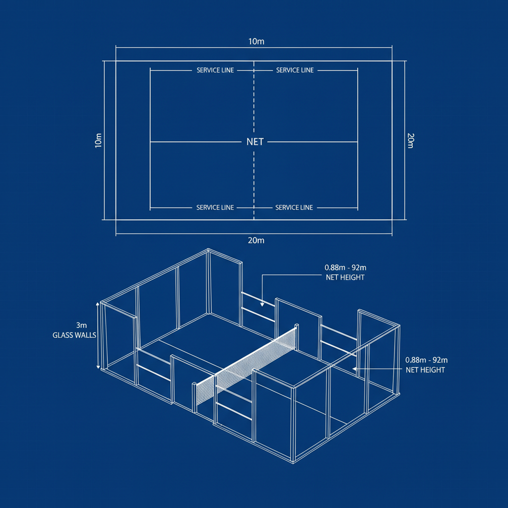 Technical Diagram (Infographic): A 3D cutaway diagram showing the layers of a padel court. index 1