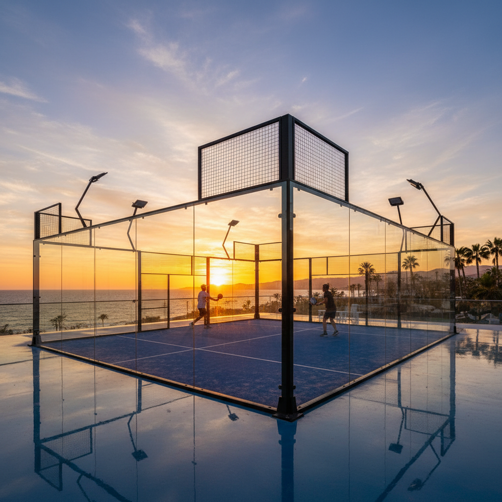 Photorealistic wide shot of a Panoramic Padel Court at sunset, highlighting the seamless glass walls and the reflection of the sky on the surface.