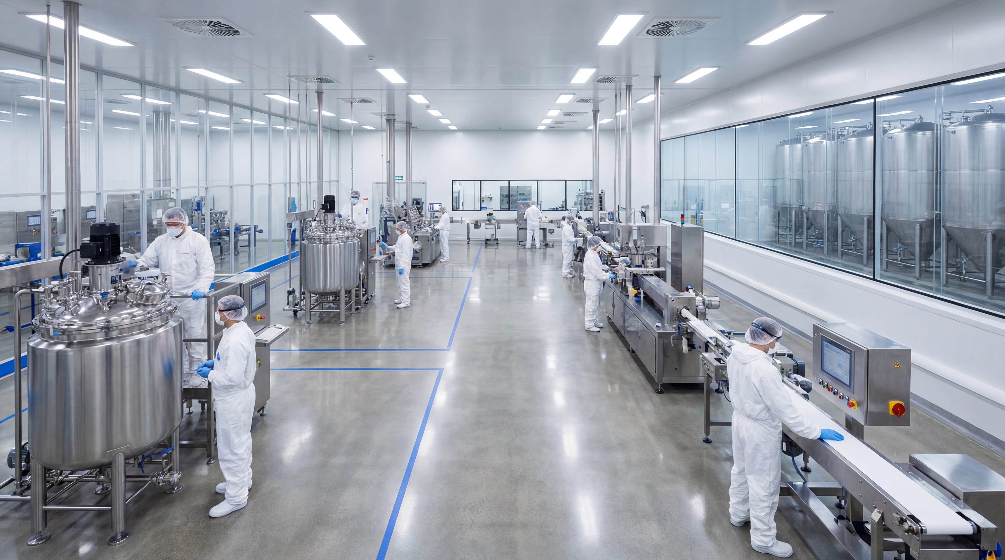 Alt Text: A photorealistic wide shot of a modern, clean-room factory floor with stainless steel machinery and technicians in white protective gear