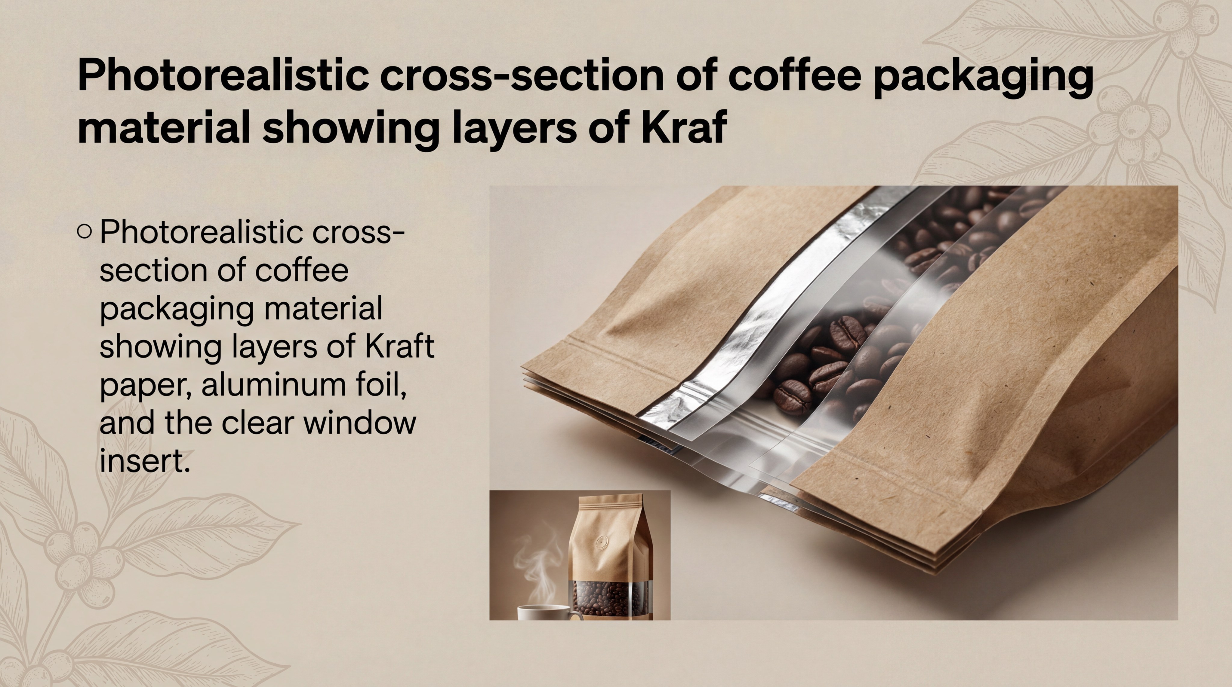 Photorealistic cross-section of coffee packaging material showing layers of Kraft paper, aluminum foil, and the clear window insert.
