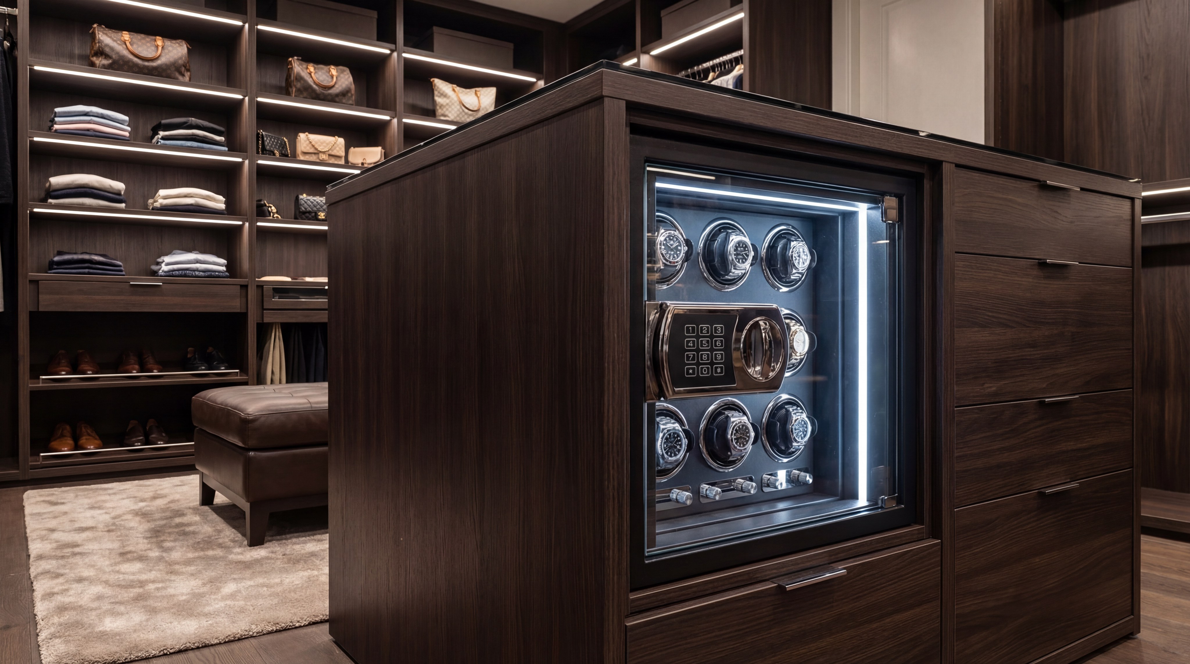Watch winder safe installed inside a luxury walk-in closet island