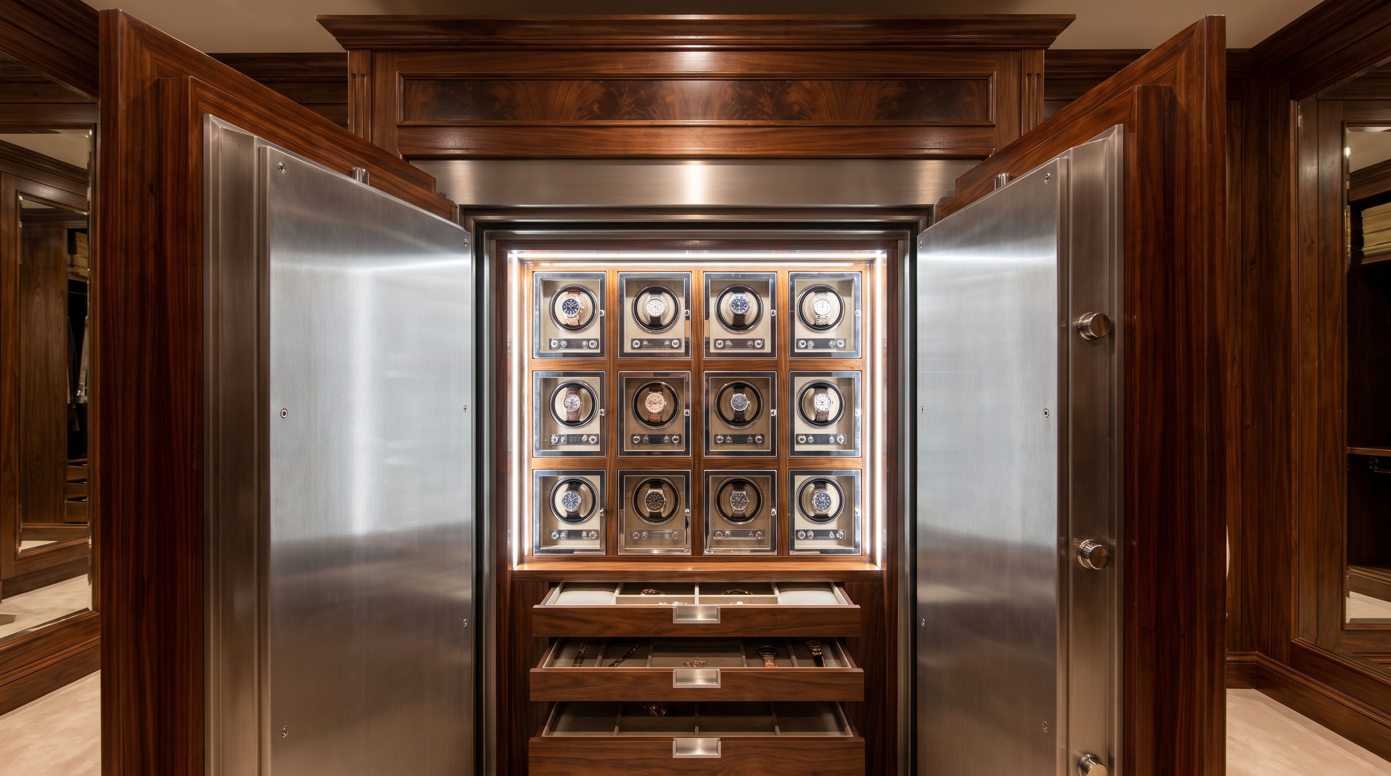 A tall walnut-finished watch winder safe standing in a modern luxury bedroom with a city view