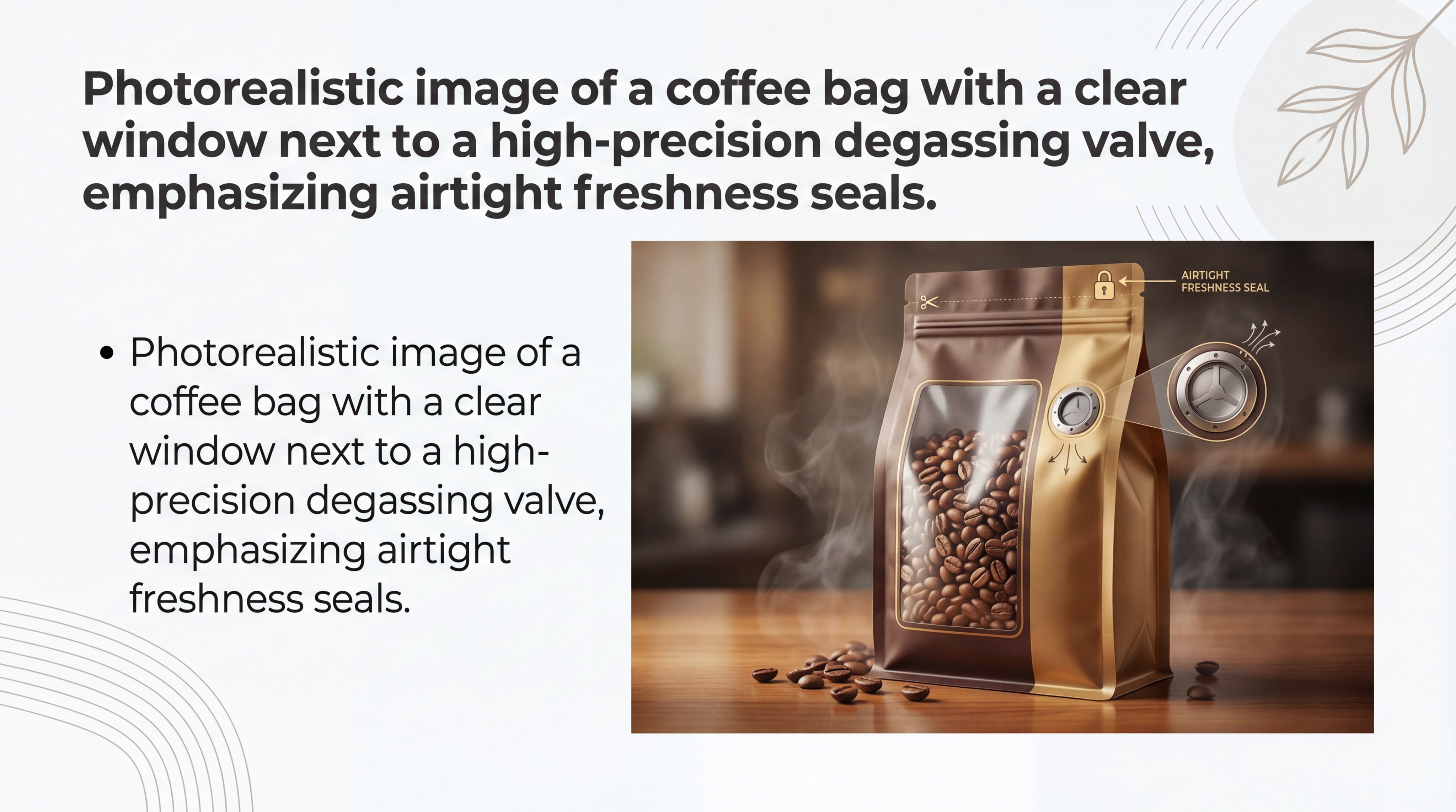 Photorealistic image of a coffee bag with a clear window next to a high-precision degassing valve, emphasizing airtight freshness seals.