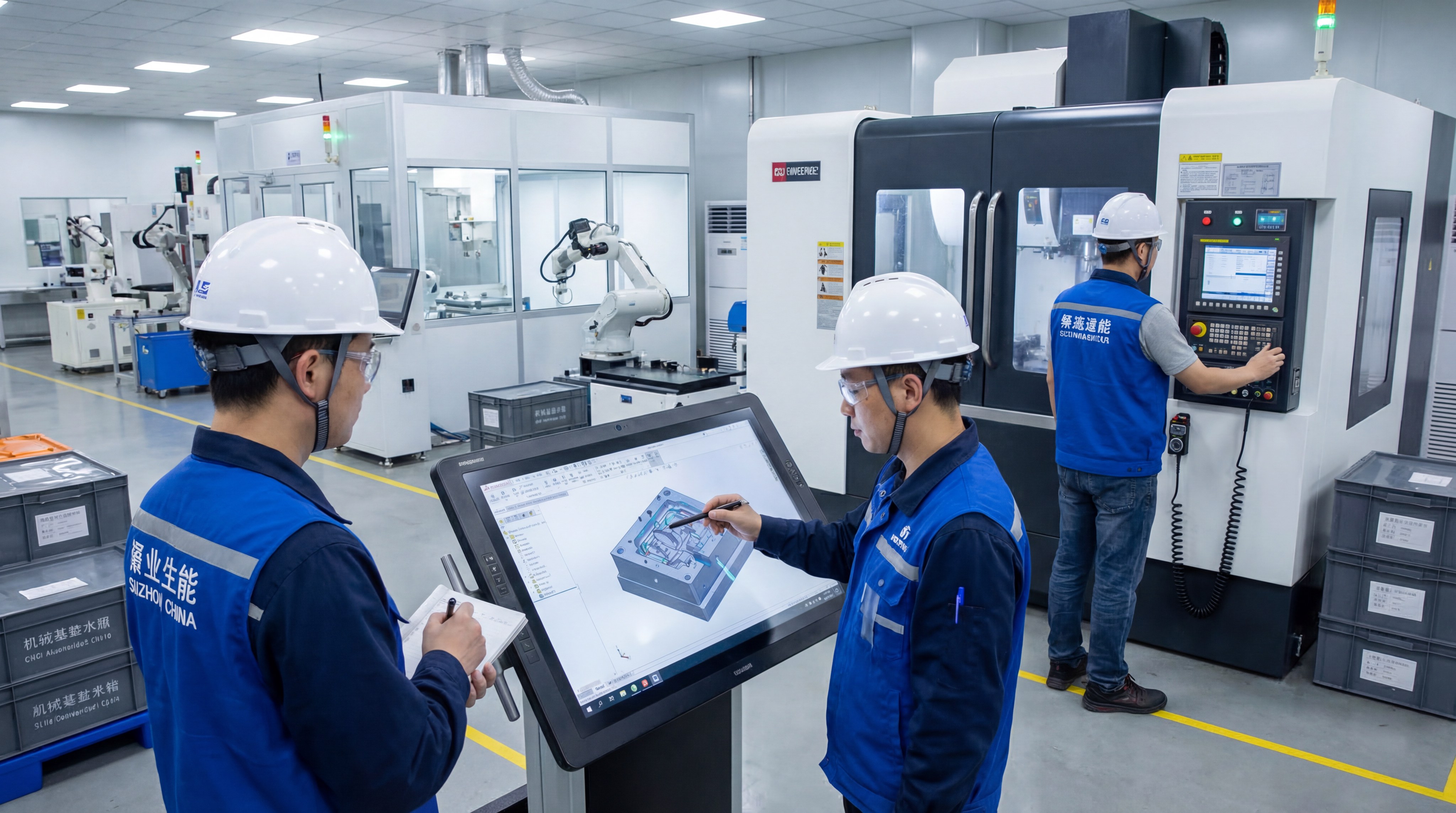 Engineers reviewing a 3D silicone mold design on a large digital screen