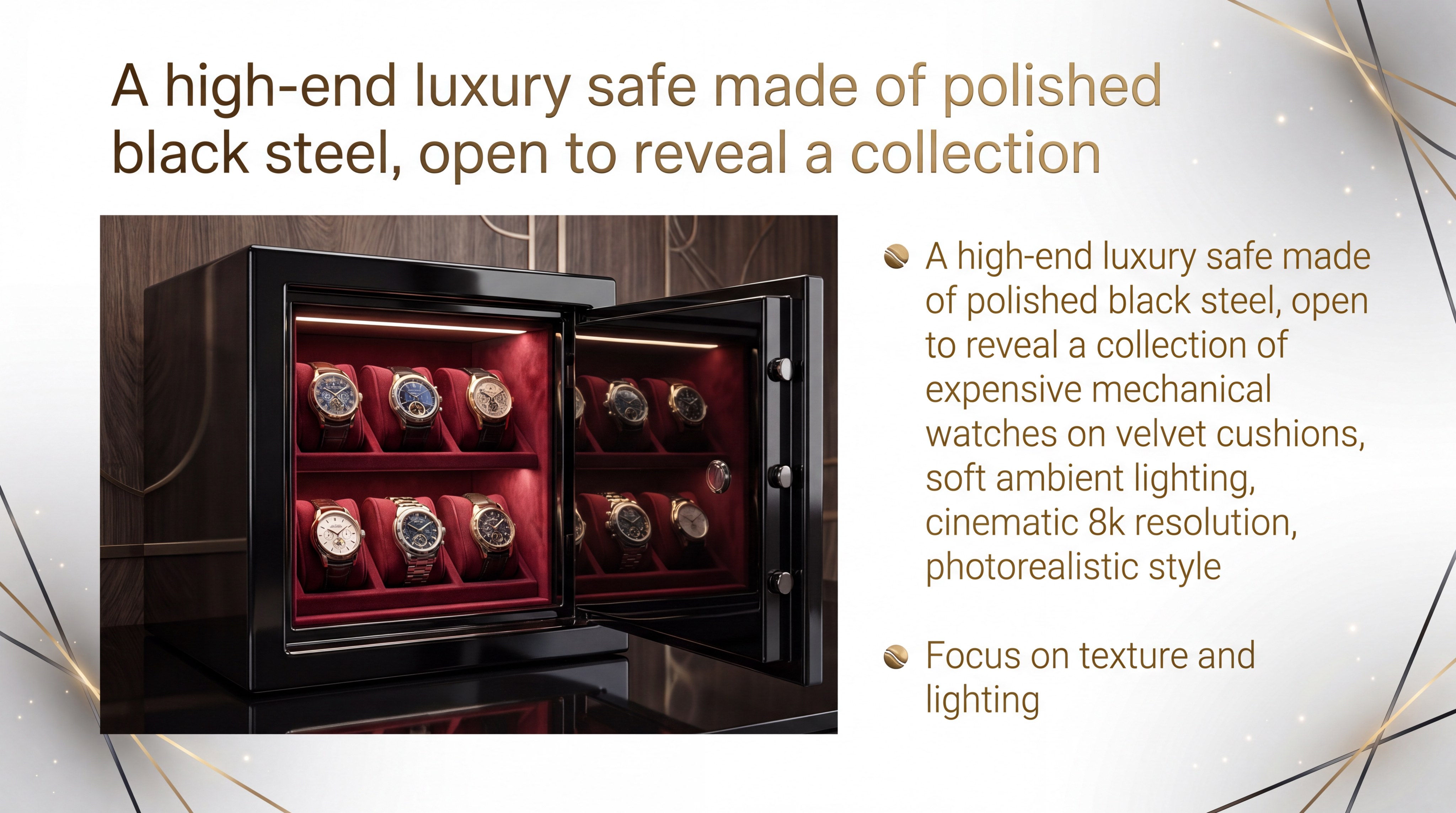 A high-end luxury safe made of polished black steel, open to reveal a collection of expensive mechanical watches on velvet cushions, soft ambient lighting