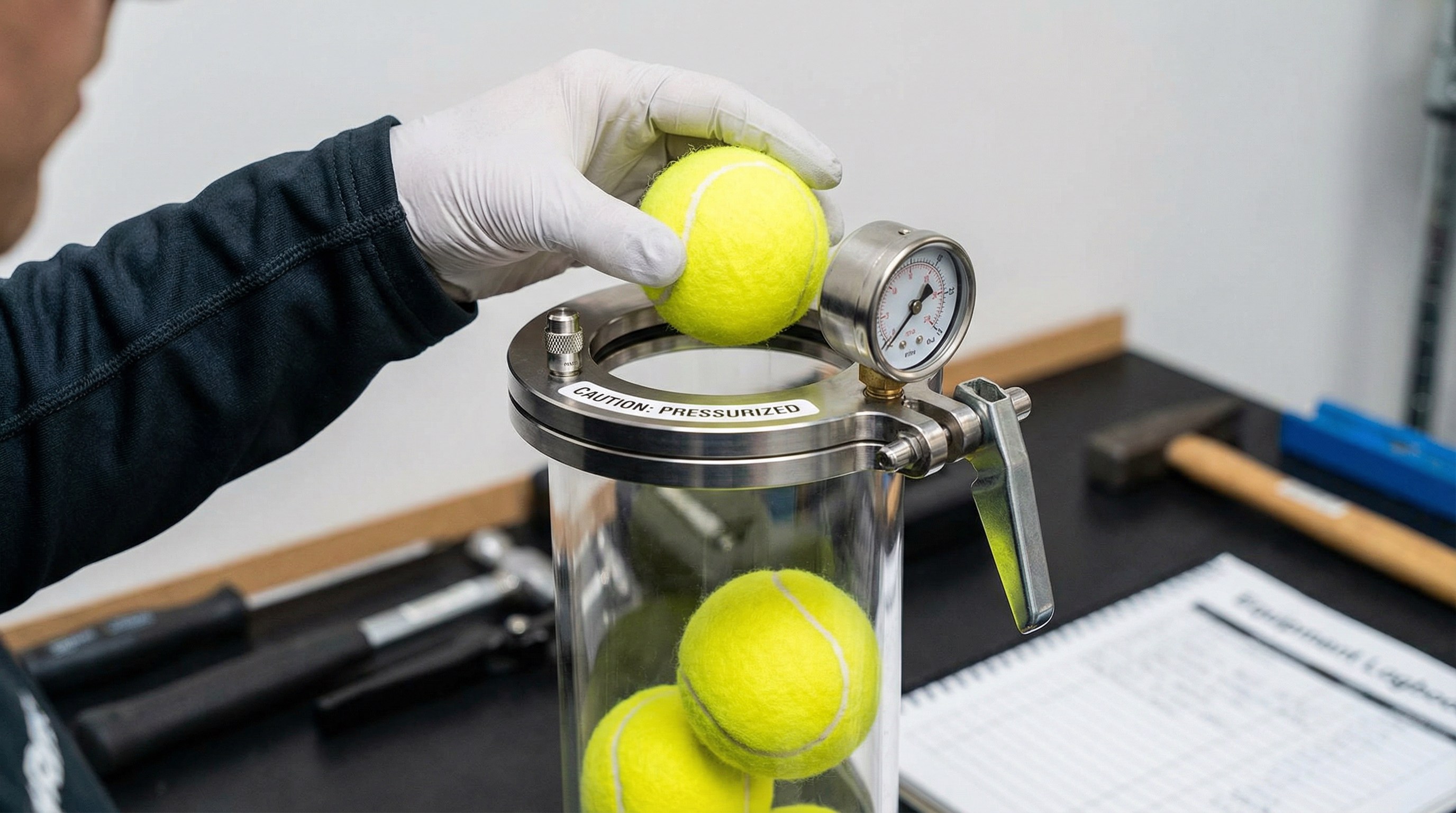 Close-up of a player placing three yellow balls into a specialized pressurized storage tube to maintain their bounce.