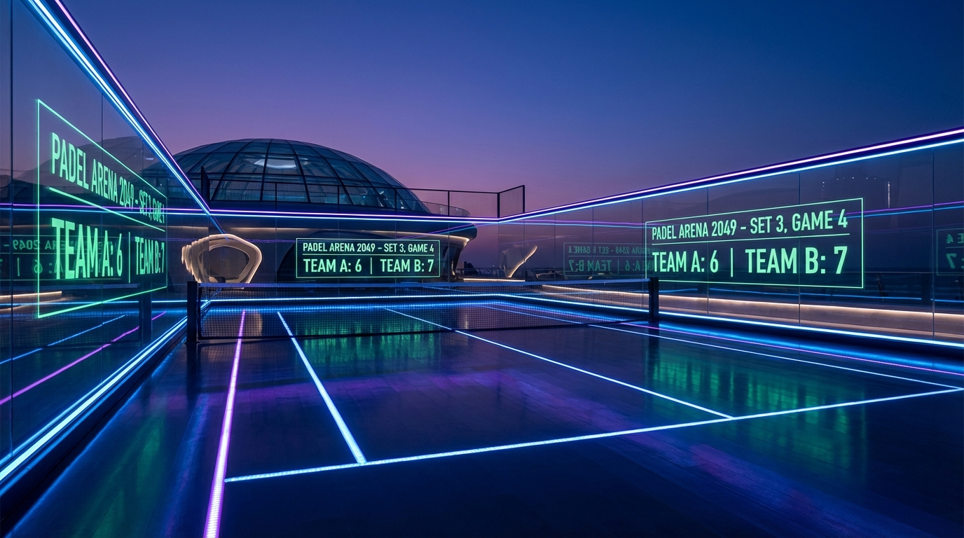 A futuristic padel court with LED lighting and digital scoreboards