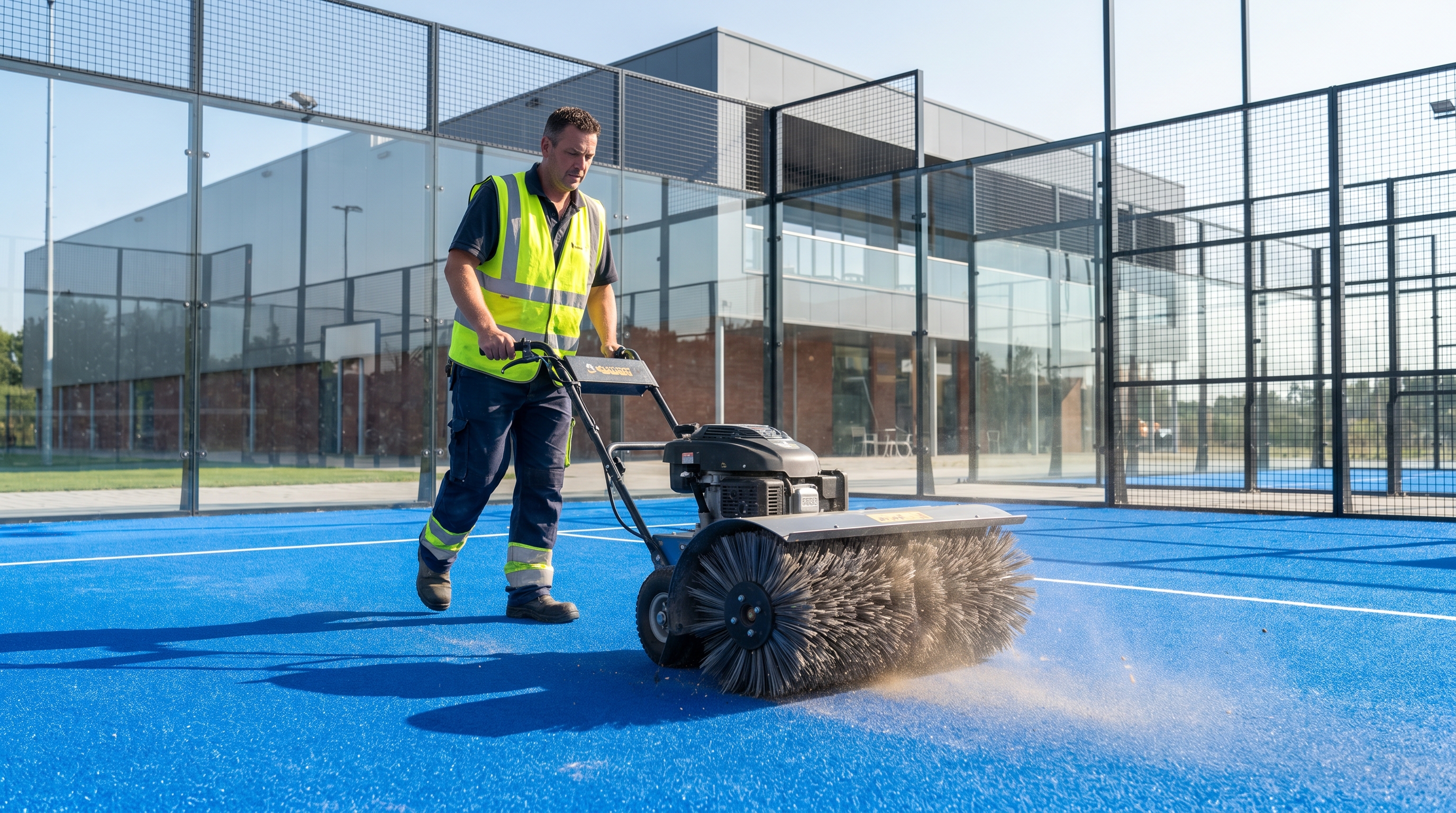A worker using a specialized machine to maintain a padel court surface.