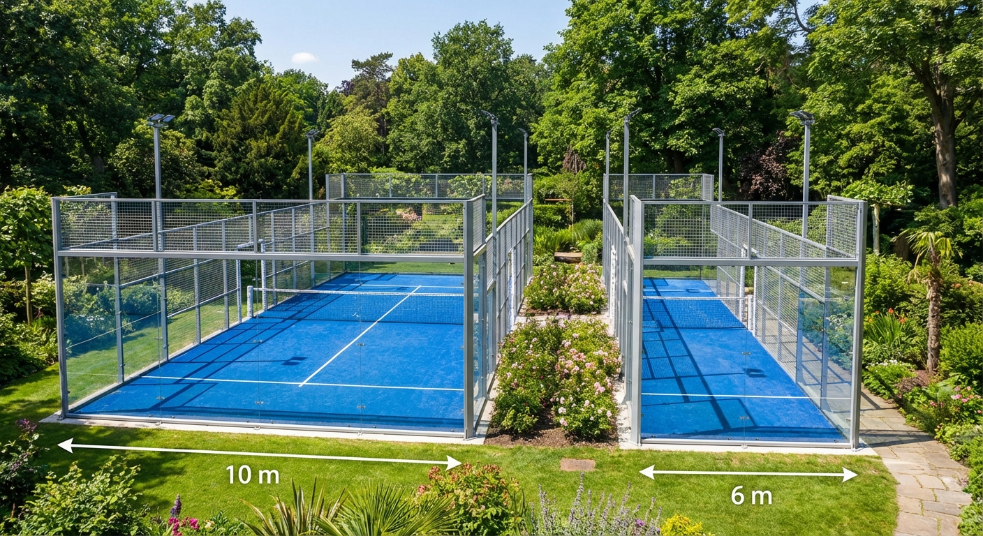 A side-by-side photorealistic comparison of a standard doubles court and a narrower singles court in a lush outdoor setting.