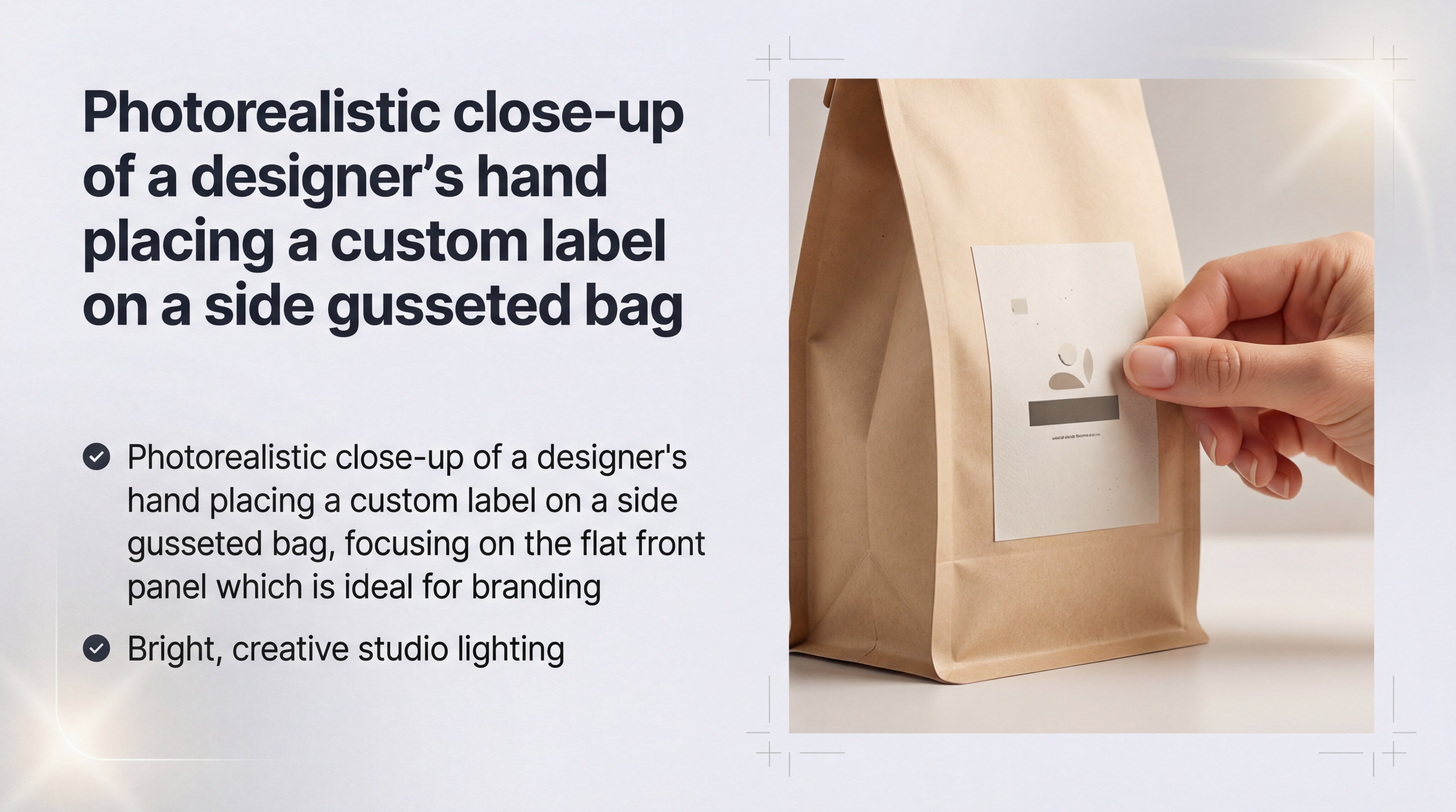 Photorealistic close-up of a designer's hand placing a custom label on a side gusseted bag