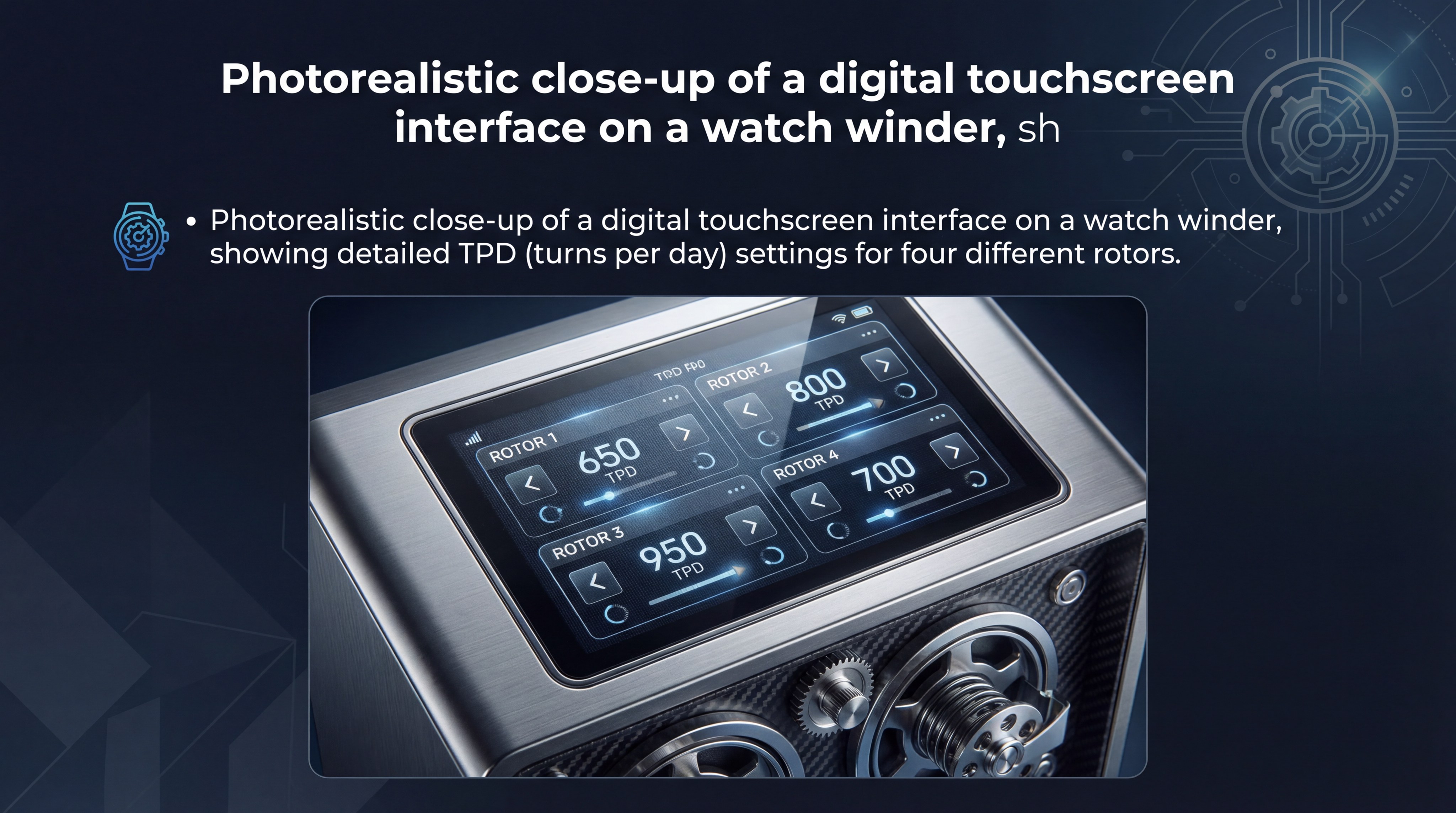 Photorealistic close-up of a digital touchscreen interface on a watch winder, showing detailed TPD (turns per day) settings for four different rotors