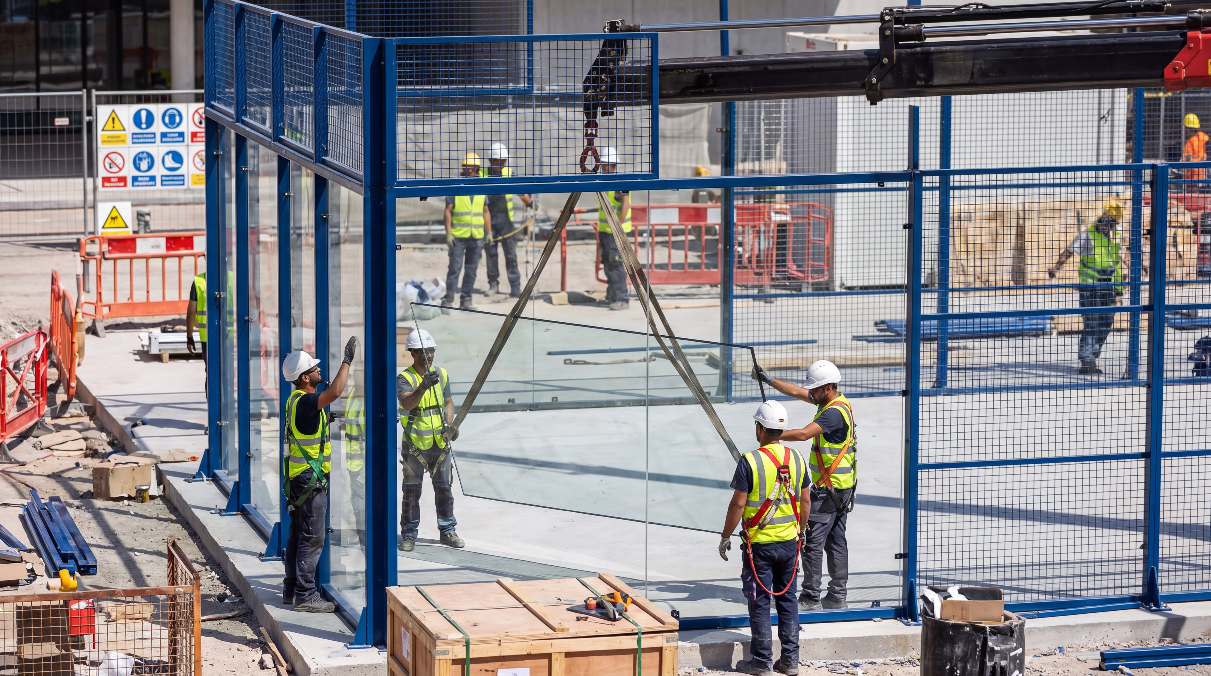 workers installing large glass panels