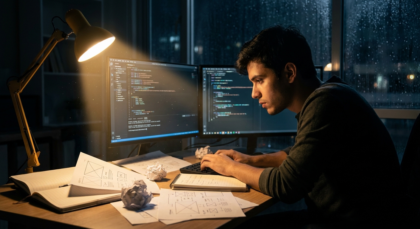 young developer working on dual monitors at night