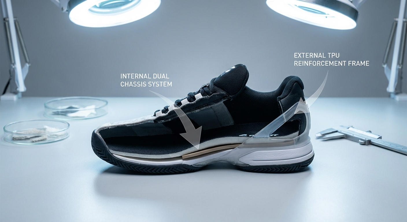Photorealistic cutaway diagram showing the internal and external chassis layers of a performance shoe