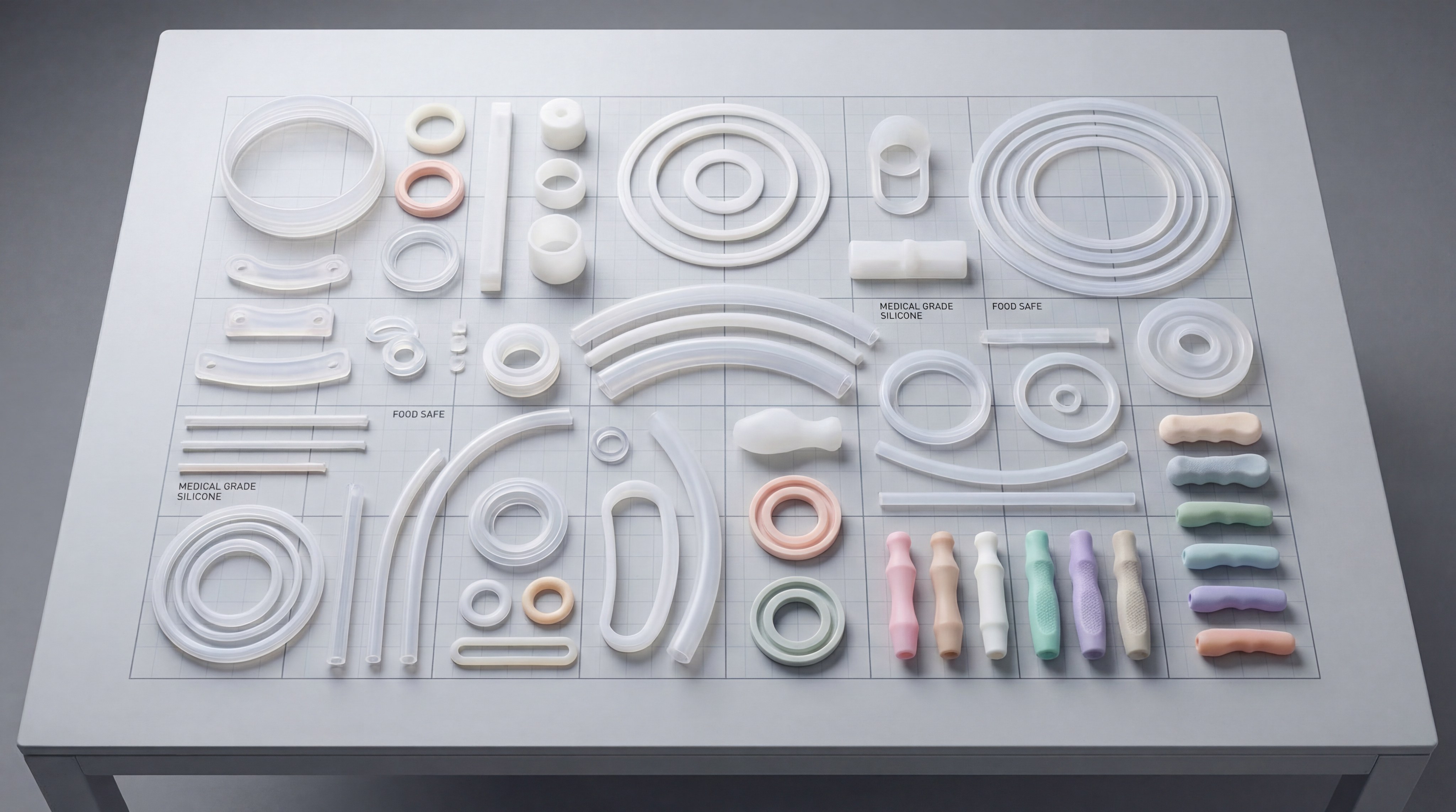 A top-down flatlay of various silicone components, including medical tubing, O-rings, and food-grade kitchenware parts in different colors and sizes.