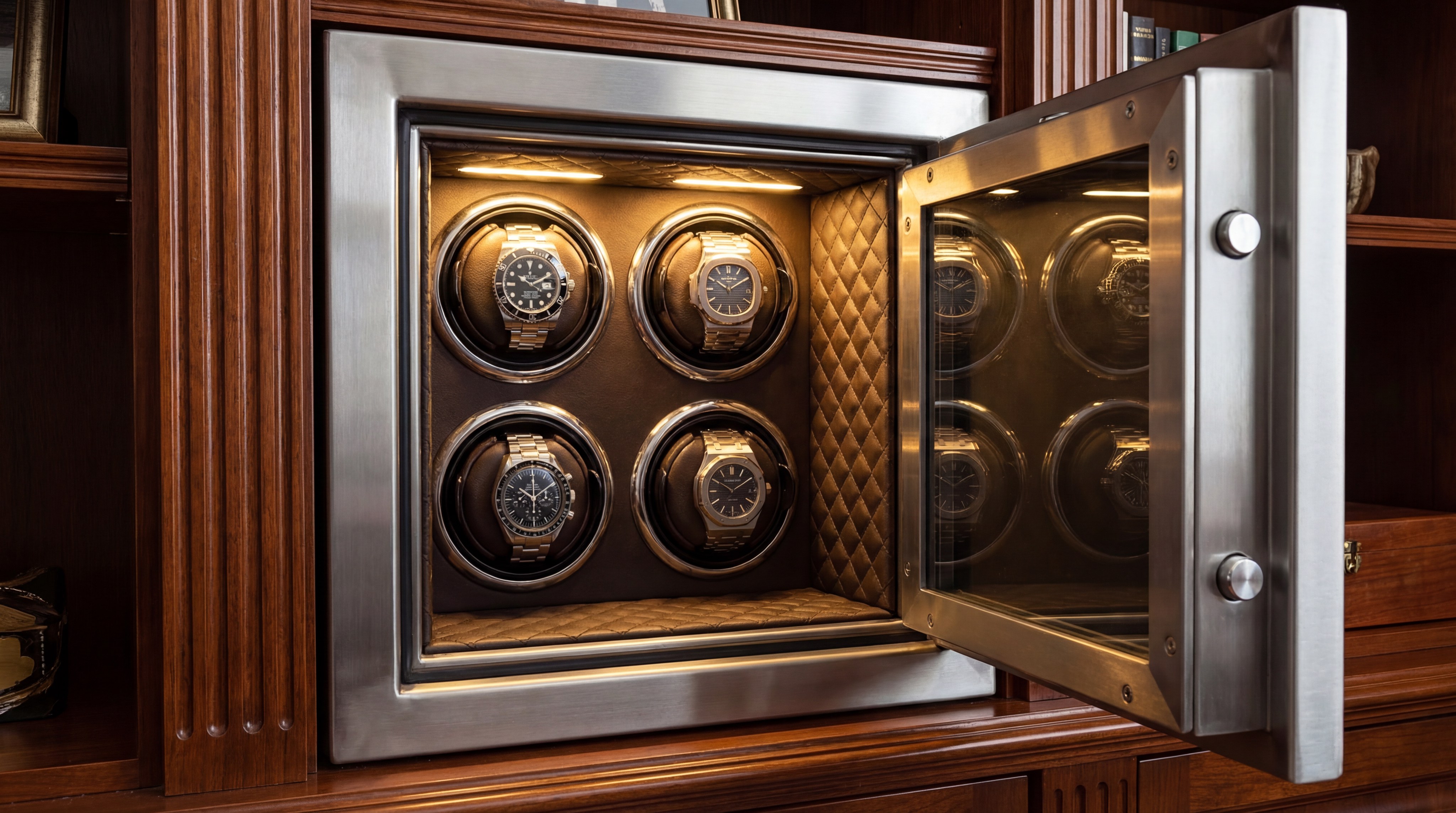 Internal display of a watch winder safe showing four high-end watches