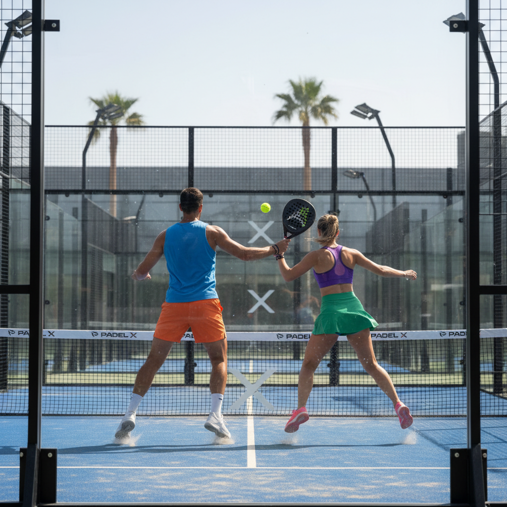 Photorealistic action shot of two athletes leaping for a volley on a blue padel x court under bright sunlight