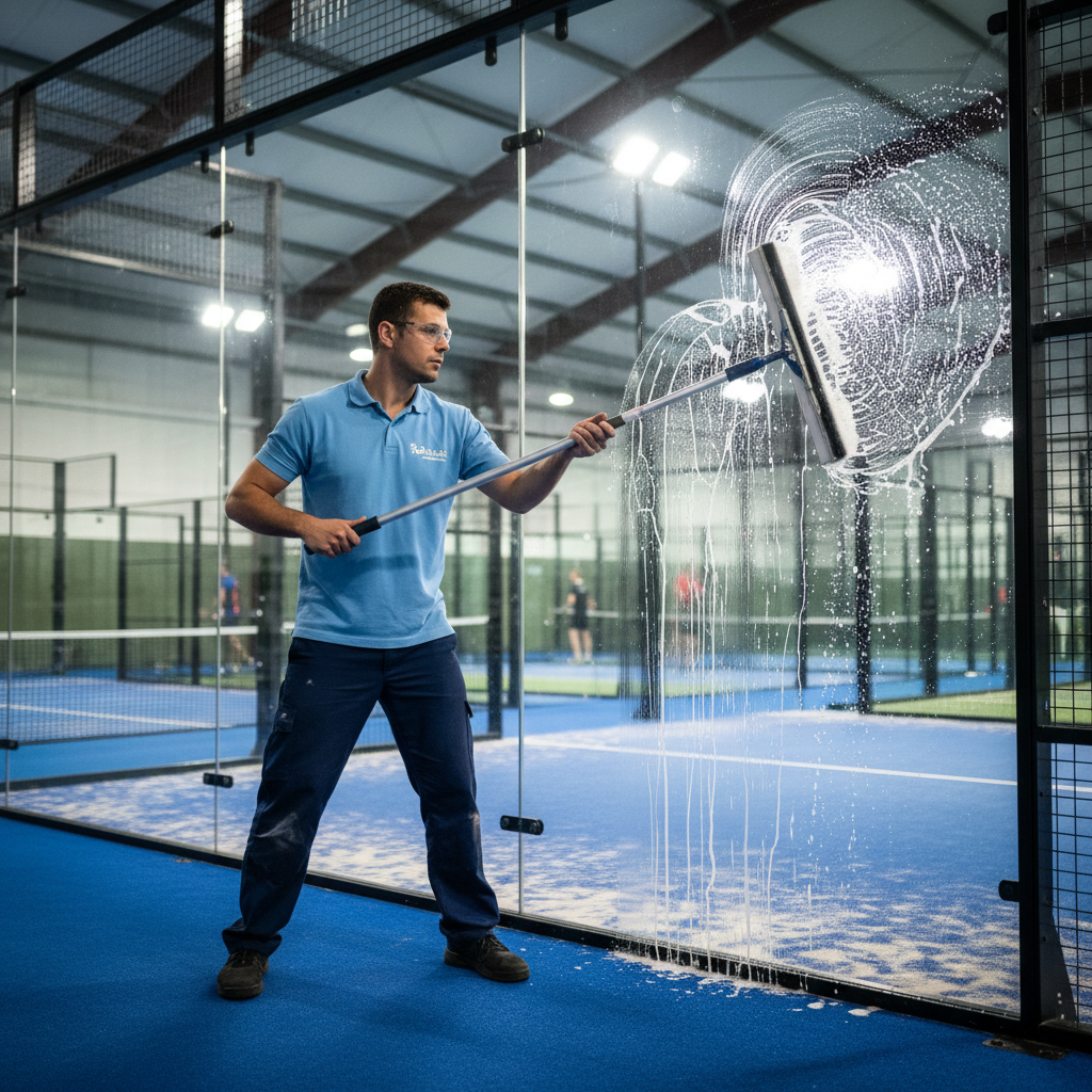 padel court cleaning action shot