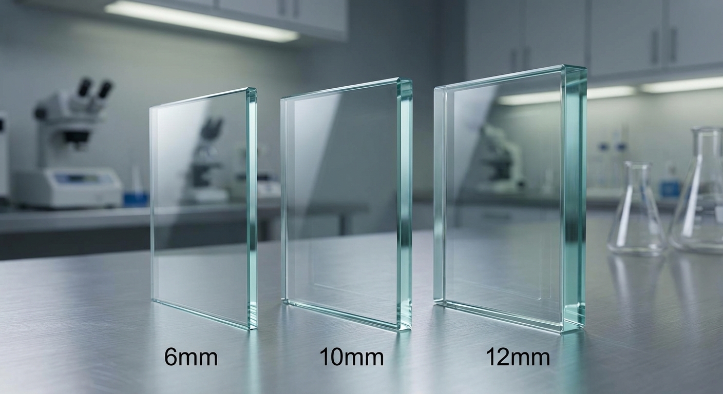 Three glass panels of 6mm, 10mm, and 12mm thickness in a lab