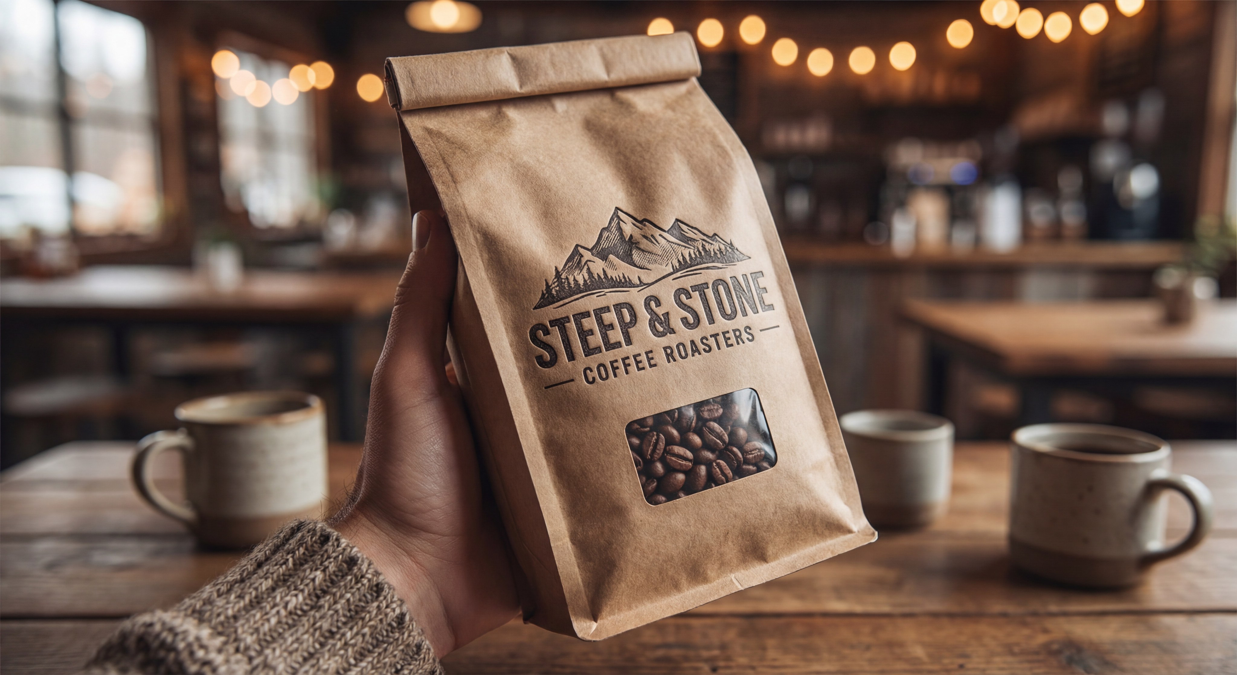 A photorealistic close-up of a consumer holding a custom printed coffee bag in a warm, bokeh shop environment.