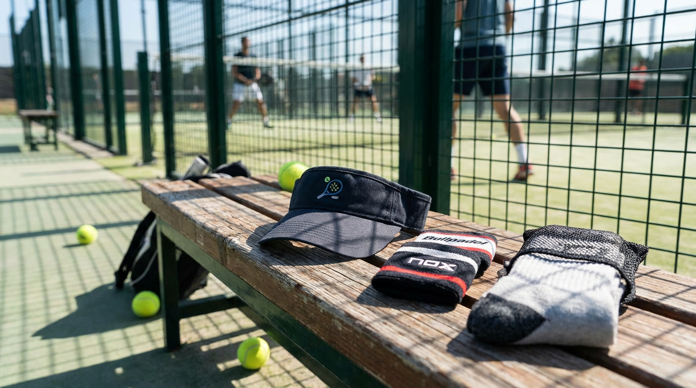 collection of padel accessories on a court bench