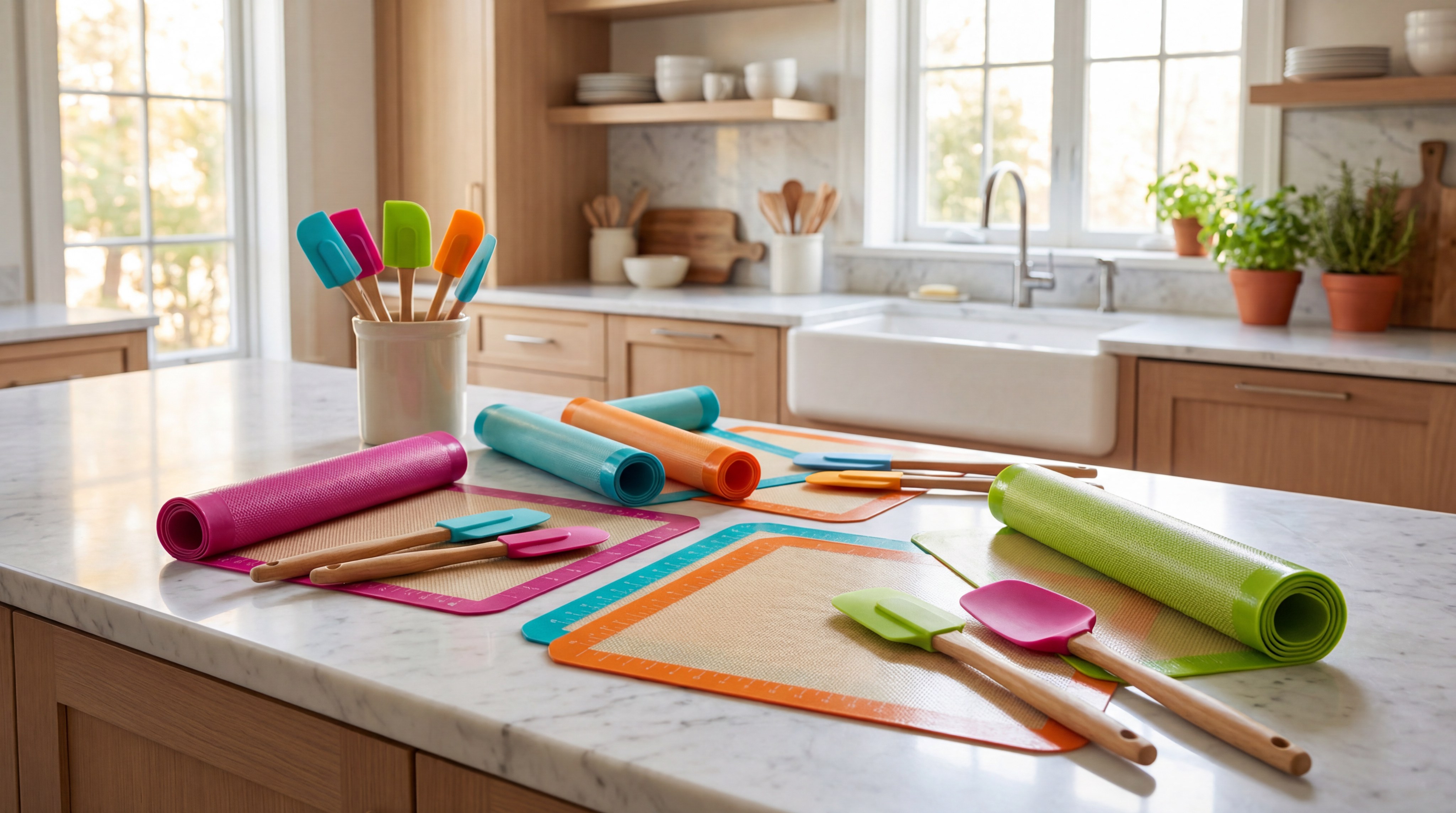 Alt Text: A collection of vibrant, food-grade silicone baking mats and spatulas in a modern, sunlit kitchen