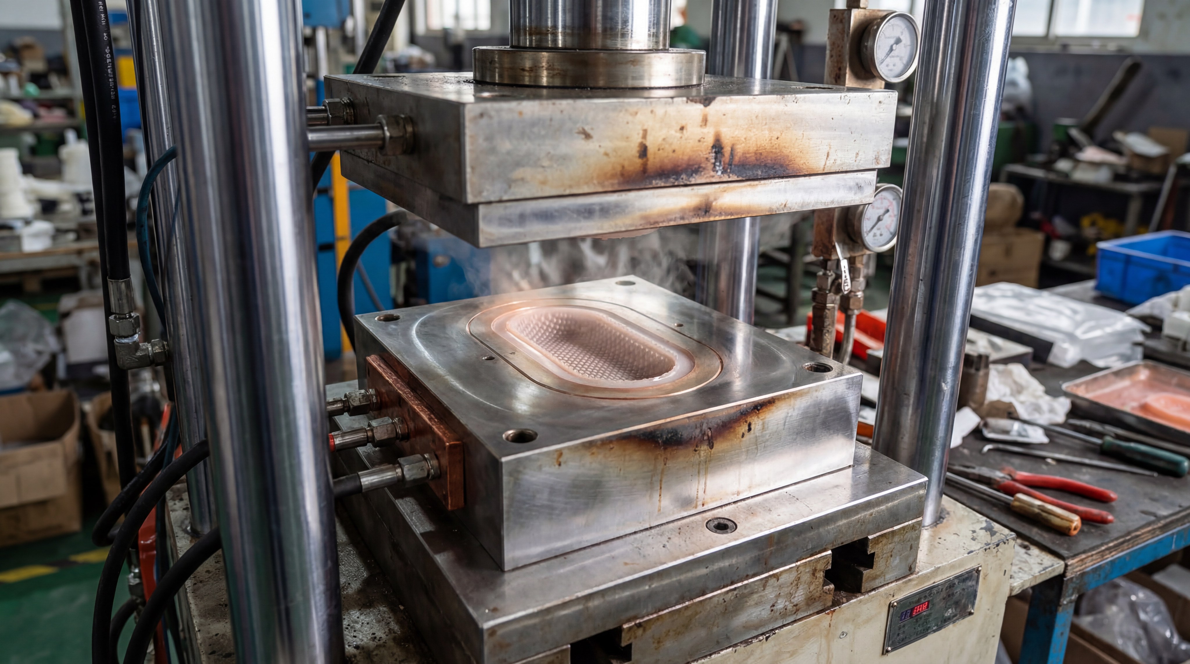 A heavy-duty industrial silicone compression molding press with heated plates and a visible mold cavity releasing steam during the curing process.