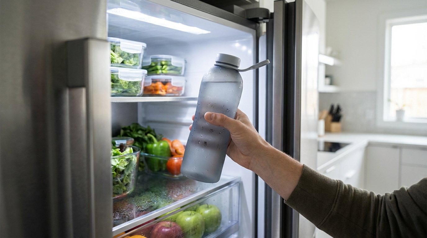 Photorealistic 16:9 image of a silicone bottle being removed from a modern refrigerator, slight condensation on the surface, crisp and clean aesthetic.