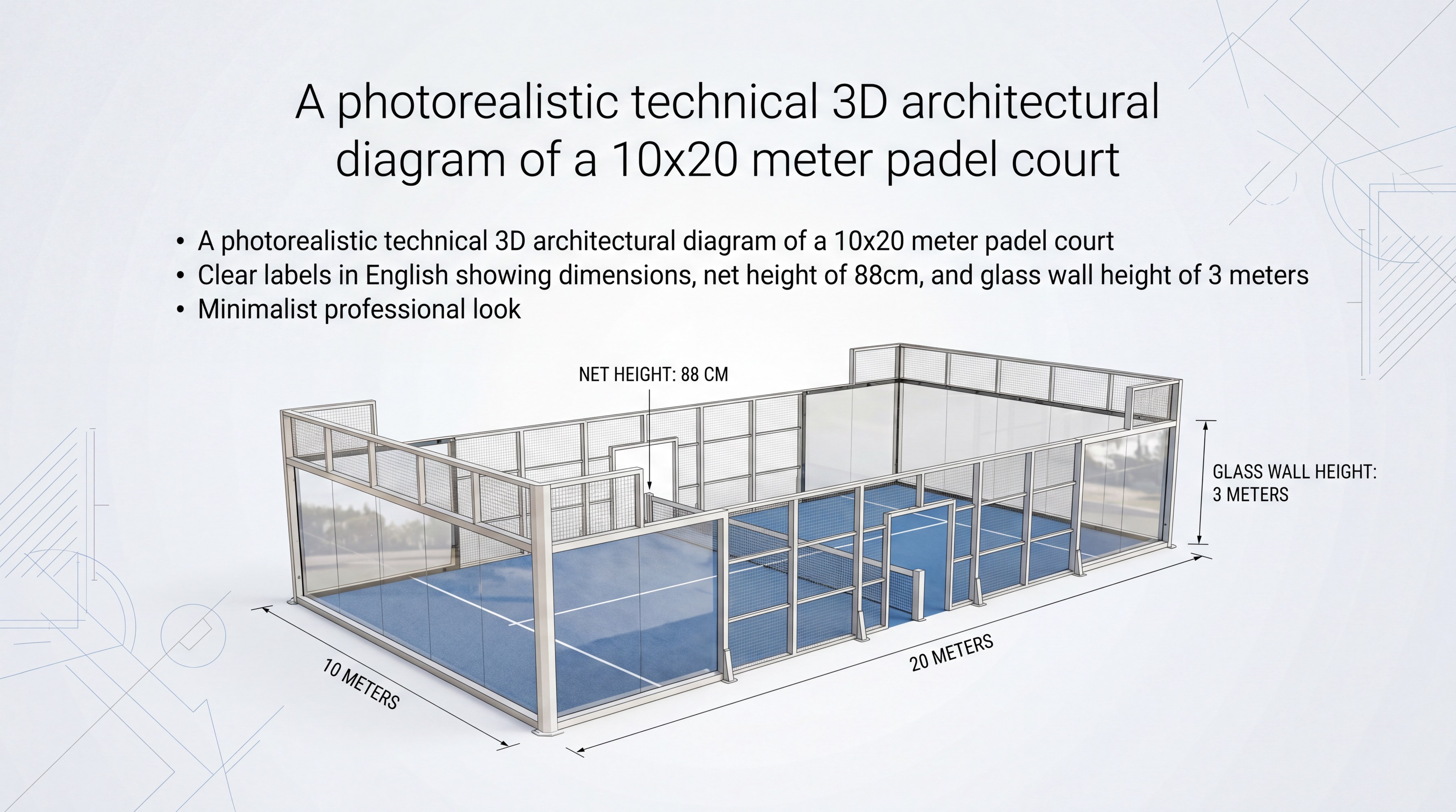 Technical 3D architectural diagram of a 10x20 meter padel court